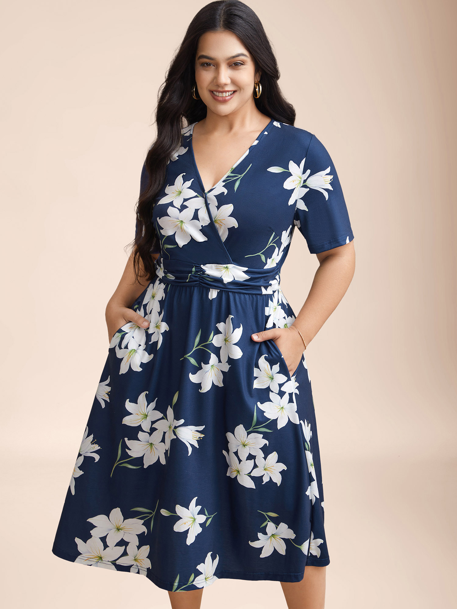 

Plus Size Floral Surplice Neck Pleated Midi Dress Navy Women Casual Gathered Overlap Collar Short sleeve Curvy BloomChic