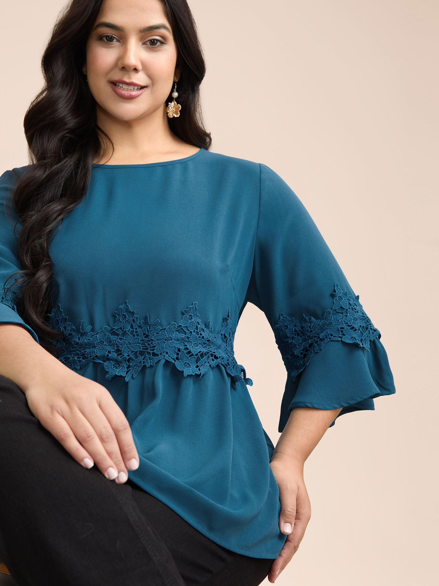 

Plus Size Aegean Lace Detail Ruffled Round Neck Blouse Women Elegant Elbow-length sleeve Round Neck Everyday Blouses BloomChic