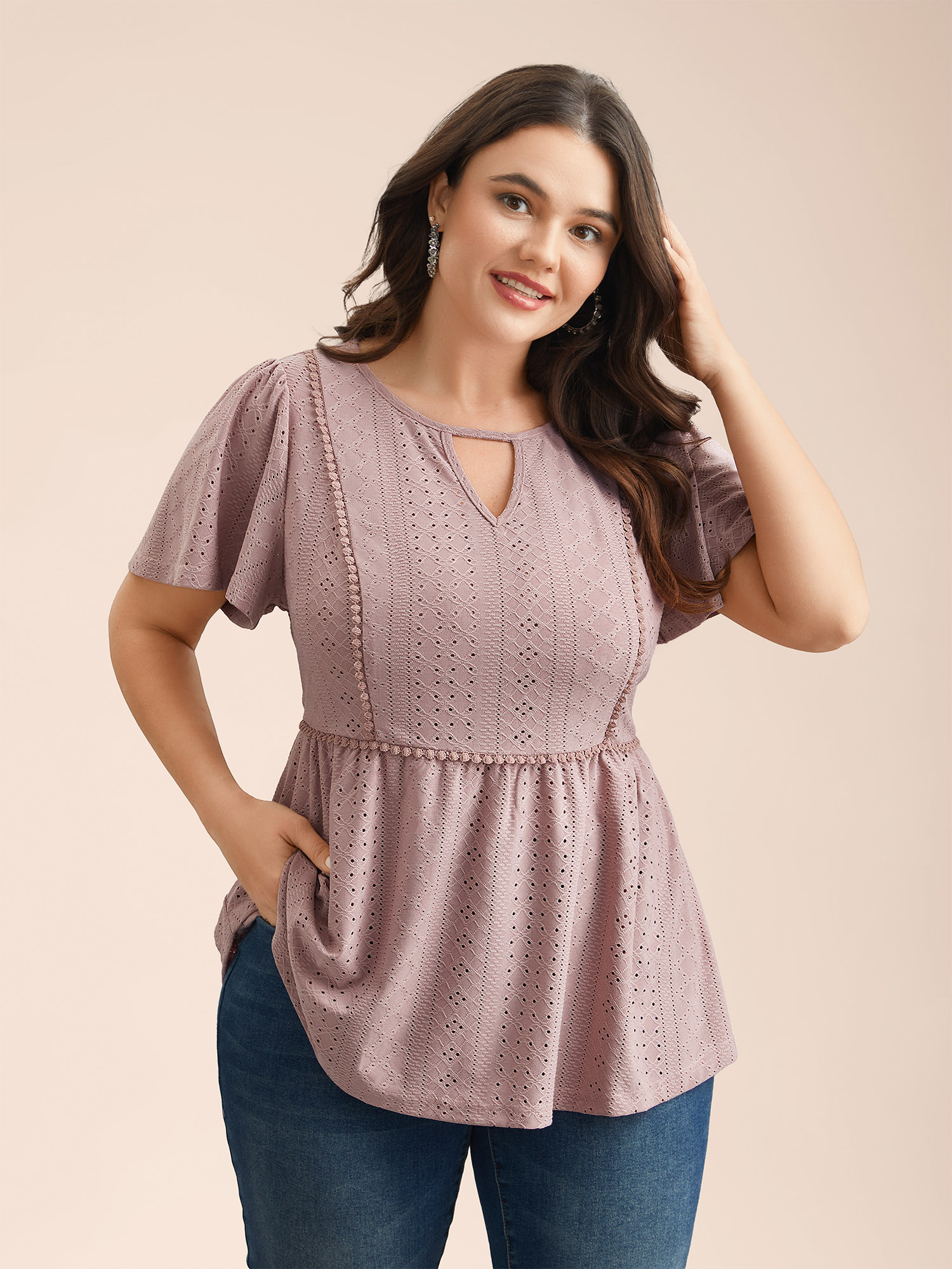 

Plus Size Sheer Textured Lace Panel Flared Top Dirtypink Notched collar Short sleeve Elegant Jersey Tops