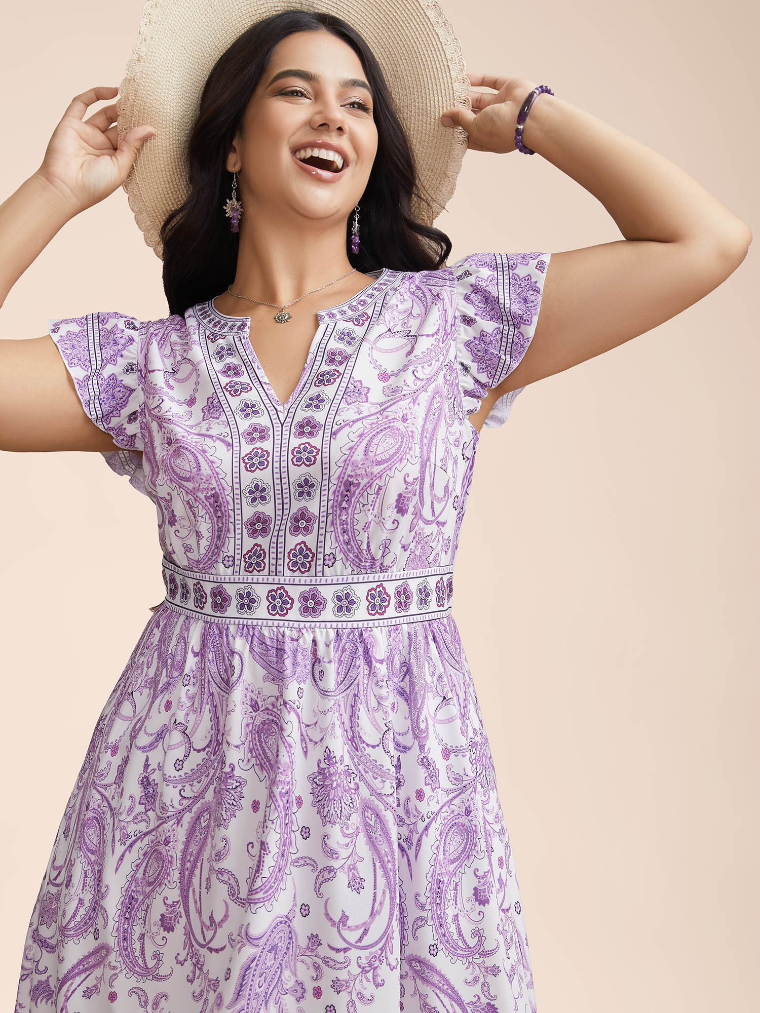 

Plus Size Ornate Print Notched Collar Ruffled Midi Dress Mauve Women Resort Ruffles Flat collar with V-notch Short sleeve Curvy BloomChic