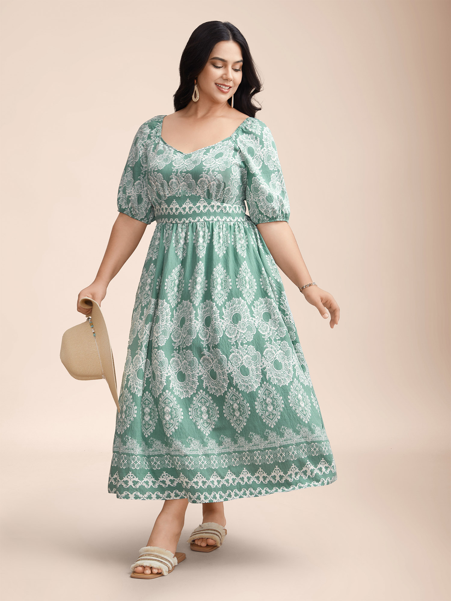 

Plus Size Boho Print Waist Defining Midi Dress Sage Women Resort Non Heart neckline Half Sleeve Curvy BloomChic