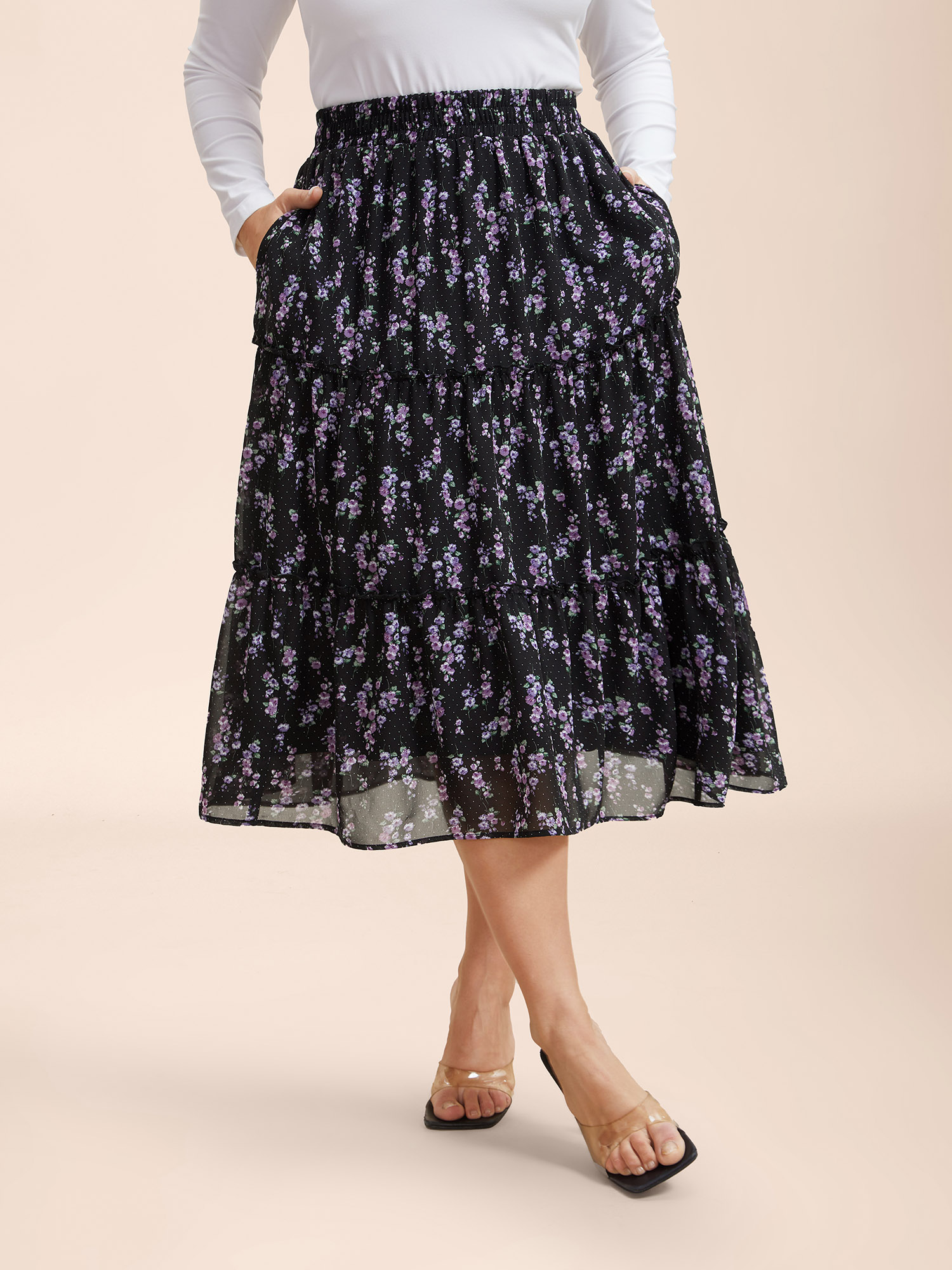 

Plus Size Flirty Floral Pleated Sheer Midi Skirt Women BlackFlower Elegant See through No stretch Side seam pocket Everyday Skirts BloomChic