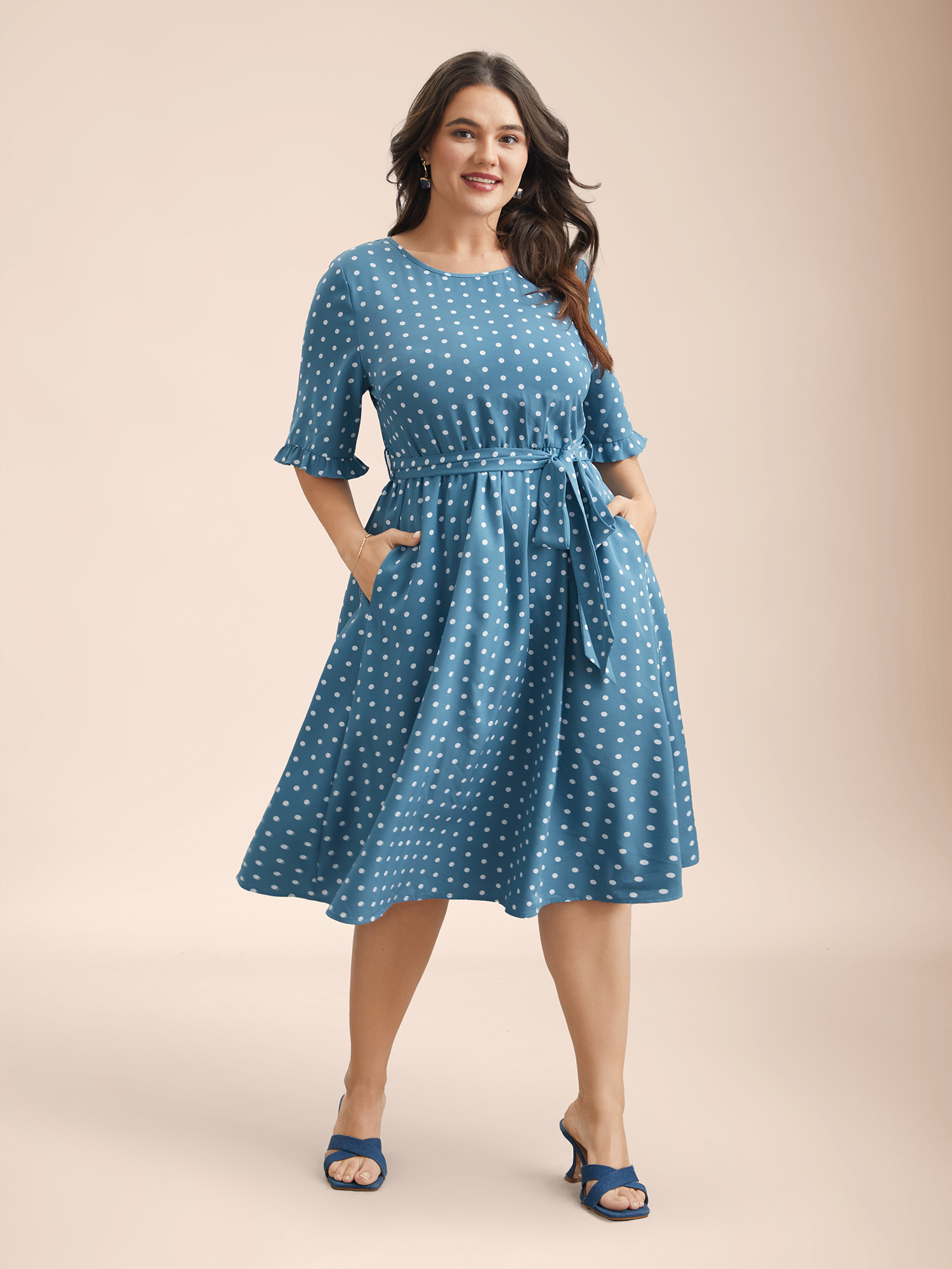 

Plus Size Polka Dot Print Belted Stretchy Midi Dress Cerulean Women Elegant Belted Round Neck Half Sleeve Curvy BloomChic