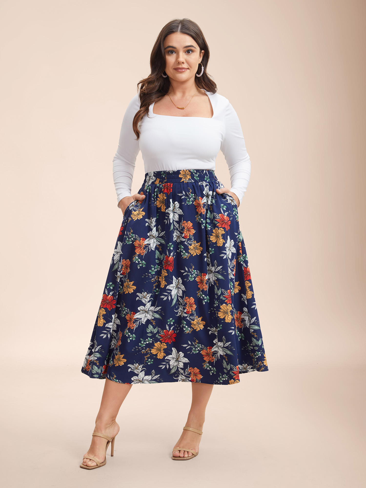 

Plus Size Floral Print Drawstring Pleated Midi Skirt Women DarkBlue Elegant Bodycon Low stretch Slanted pocket Everyday Skirts BloomChic