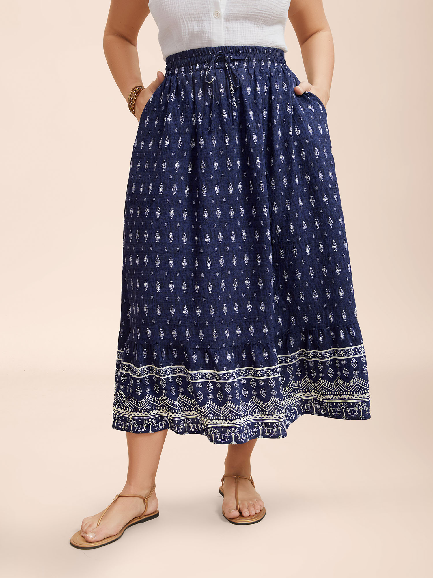 

Plus Size Boho Print Pleated Drawstring Midi Skirt Women Indigo Resort Drawstring No stretch Slanted pocket Vacation Skirts BloomChic