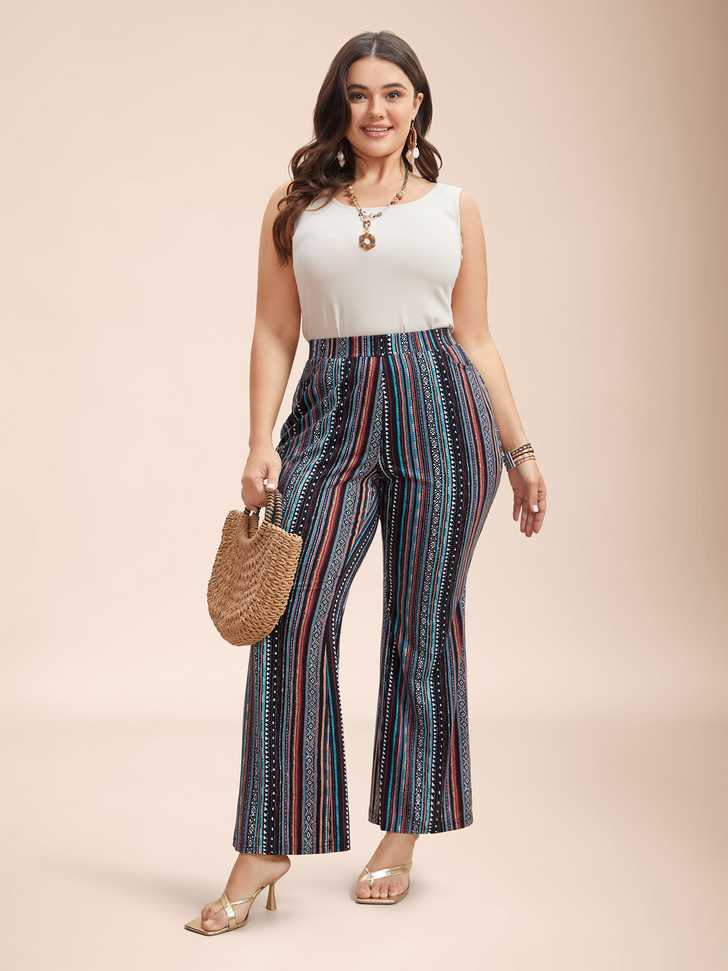 Plus Size Floral Pattern Midi-Rise Bootcut Legging Women Multicolor Resort Medium stretch Bootcut Mid Rise Vacation Leggings BloomChic 18-20/2X 