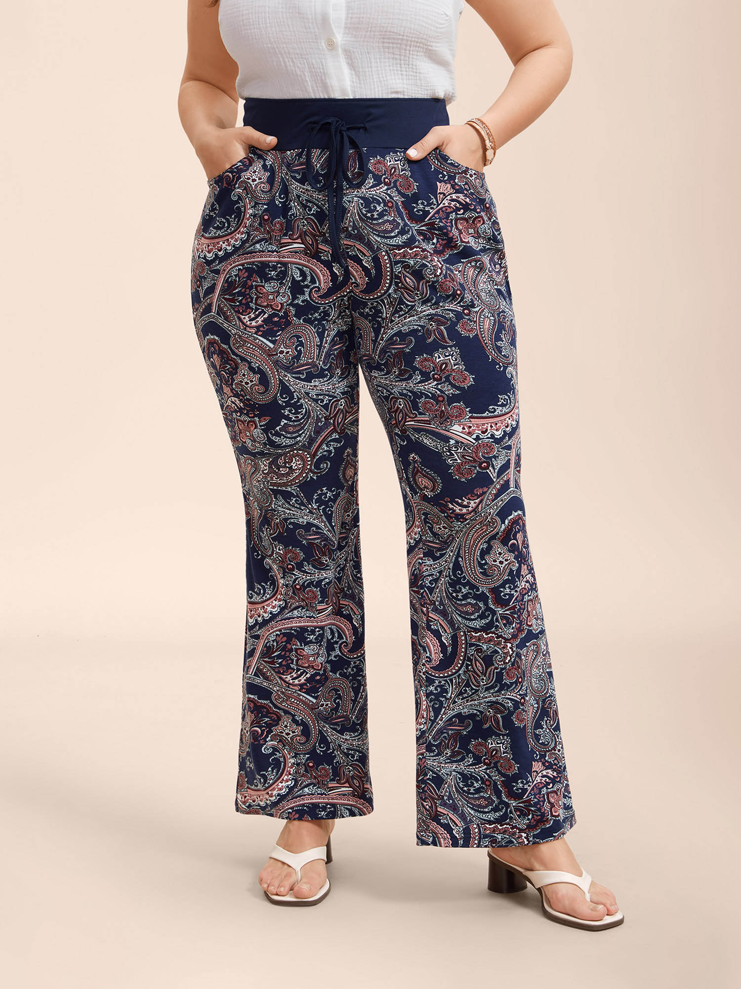 

Plus Size Color Block Paisley Print Drawstring Pants Women Indigo Resort Bootcut Mid Rise Vacation Pants BloomChic