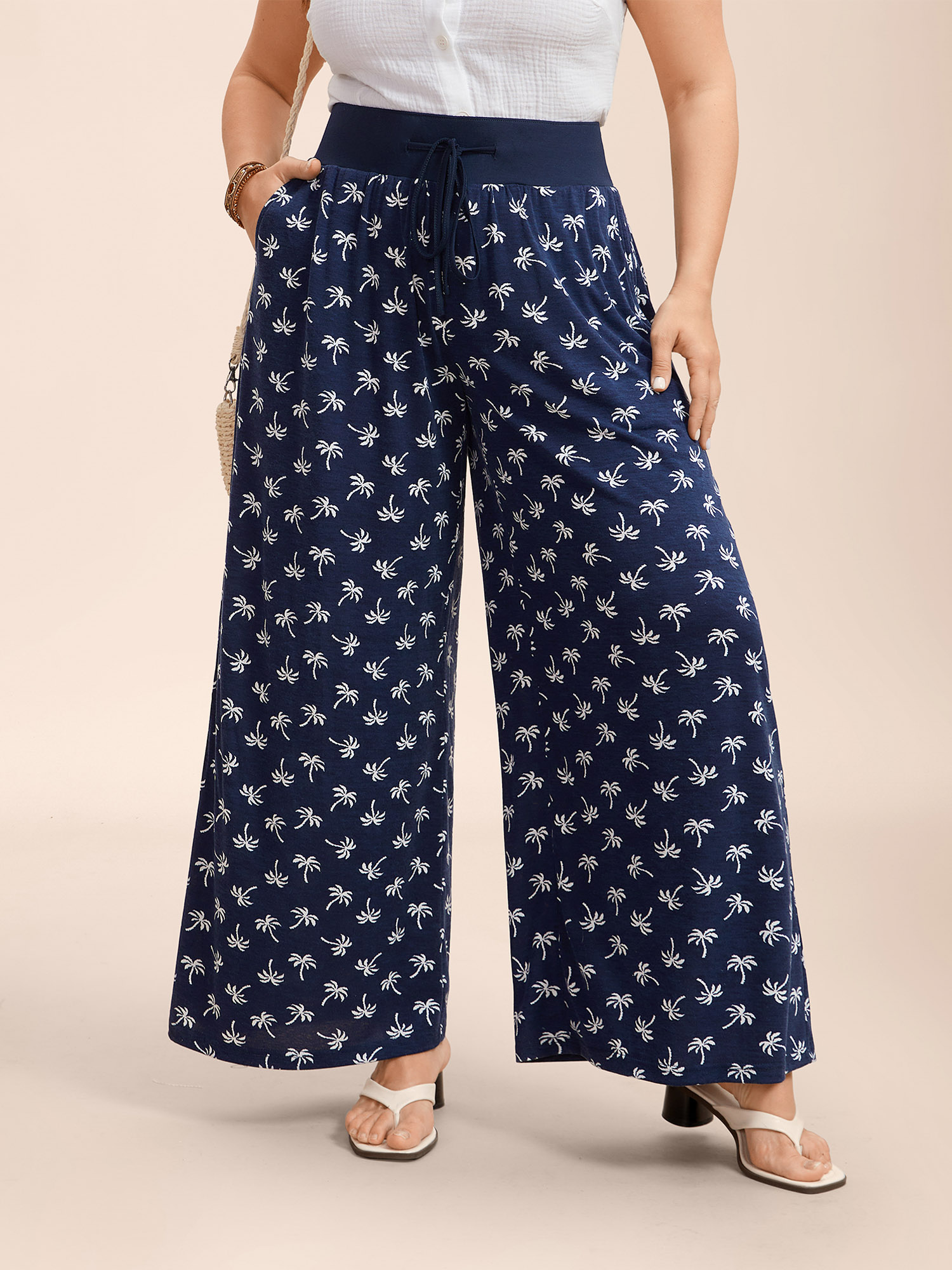 

Plus Size Color Block Printed Drawstring Straight Pants Women Indigo Resort Wide Leg Mid Rise Vacation Pants BloomChic