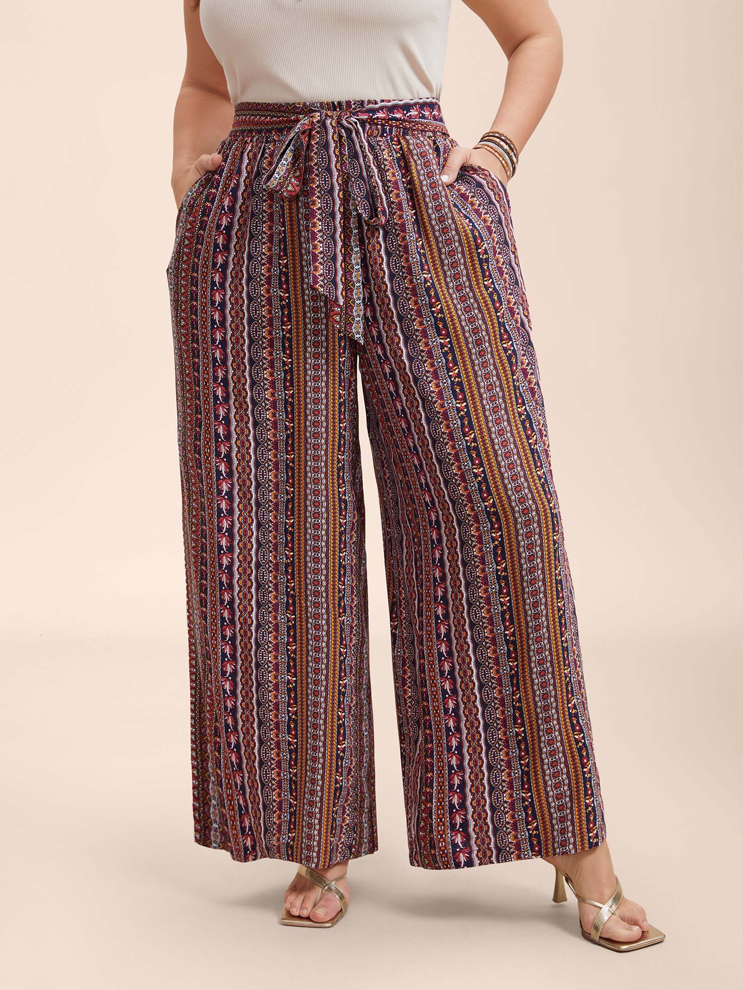 

Plus Size Boho Print Belted Flared Pants Women Multicolor Resort Wide Leg Mid Rise Vacation Pants BloomChic