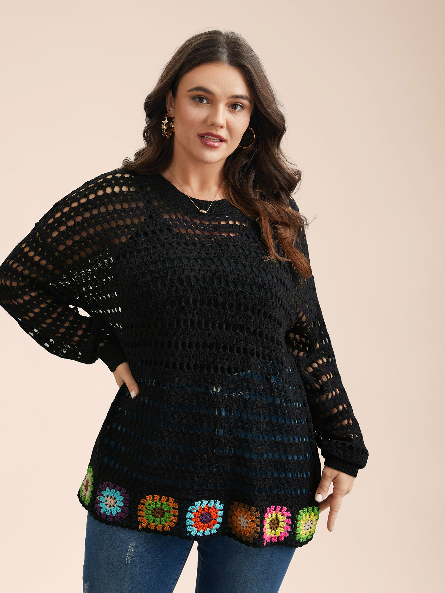 

Plus Size Hand Crochet Floral Cut-Out Pullover Black Women Casual Long Sleeve Round Neck Everyday Pullovers BloomChic