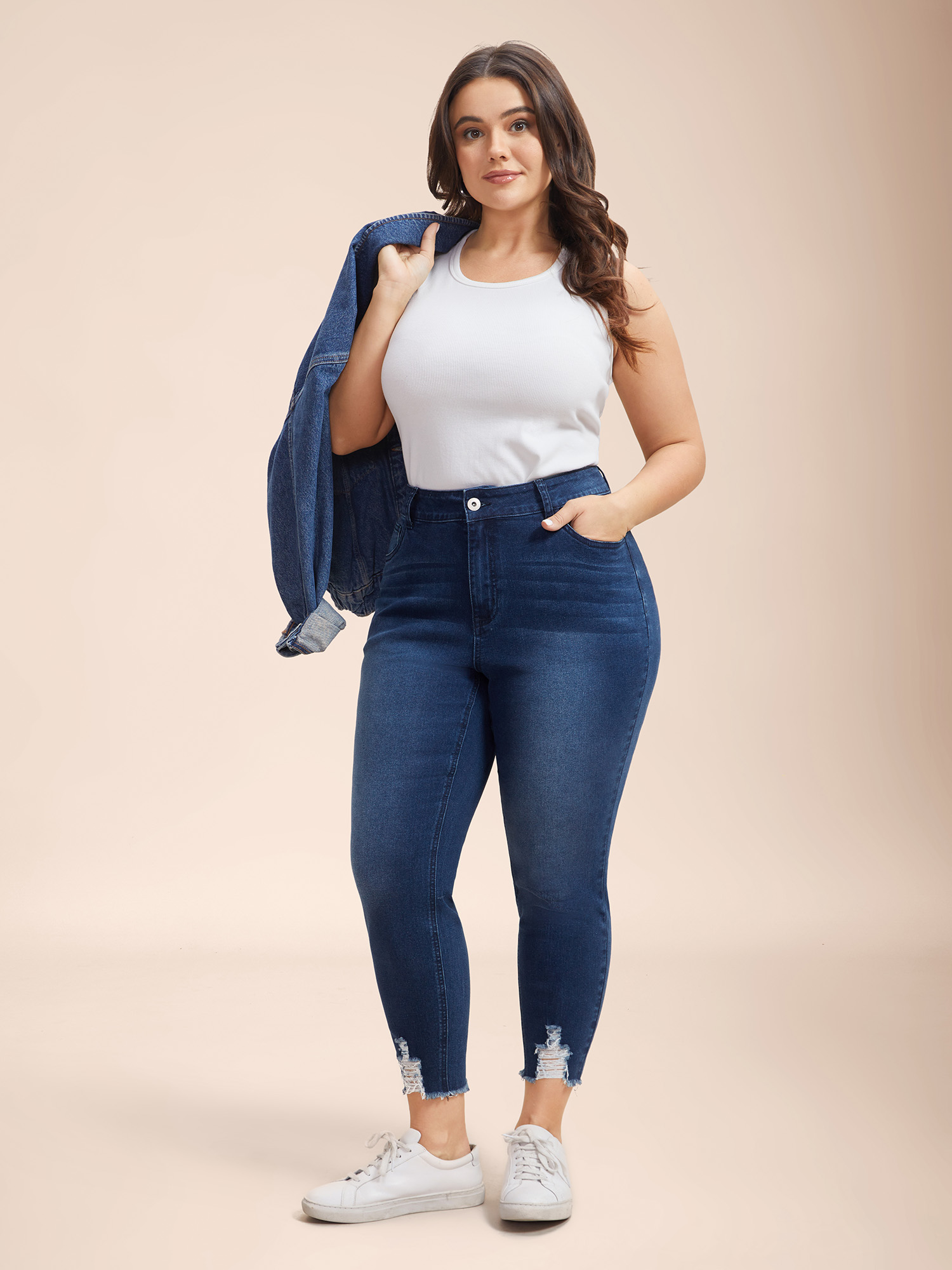 

Plus Size Mid-Rise Whiskered Slim-Fit Jeans Women Bluevintage Casual High stretch Slanted pocket Jeans BloomChic