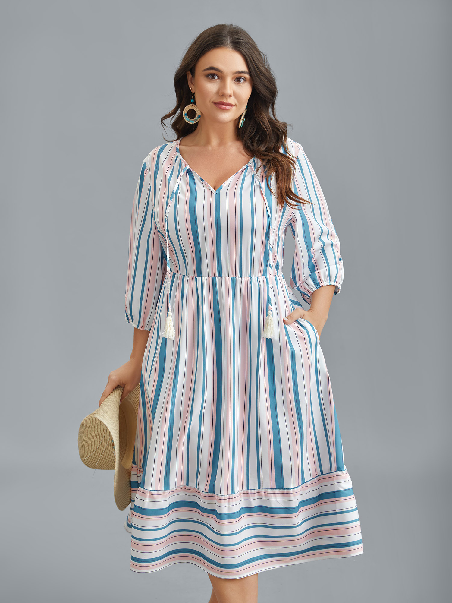 

Plus Size Stretchy Striped Tassels Tiered Midi Dress Multicolor Women Resort Tie knot V-neck Elbow-length sleeve Curvy BloomChic