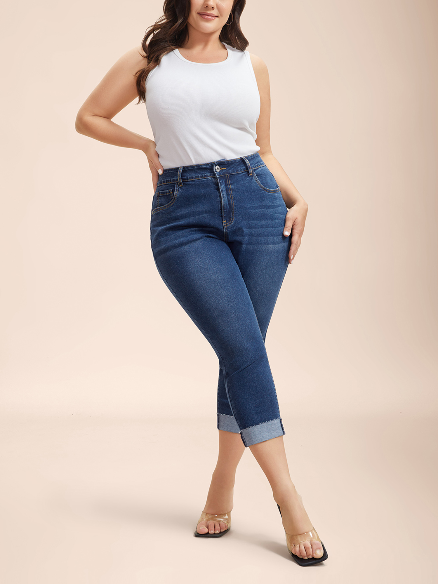 Plus Size Whiskered Rolled Hem Slim-Fit Jeans Women Bluevintage Casual Medium stretch Slanted pocket Jeans BloomChic 22/3X 