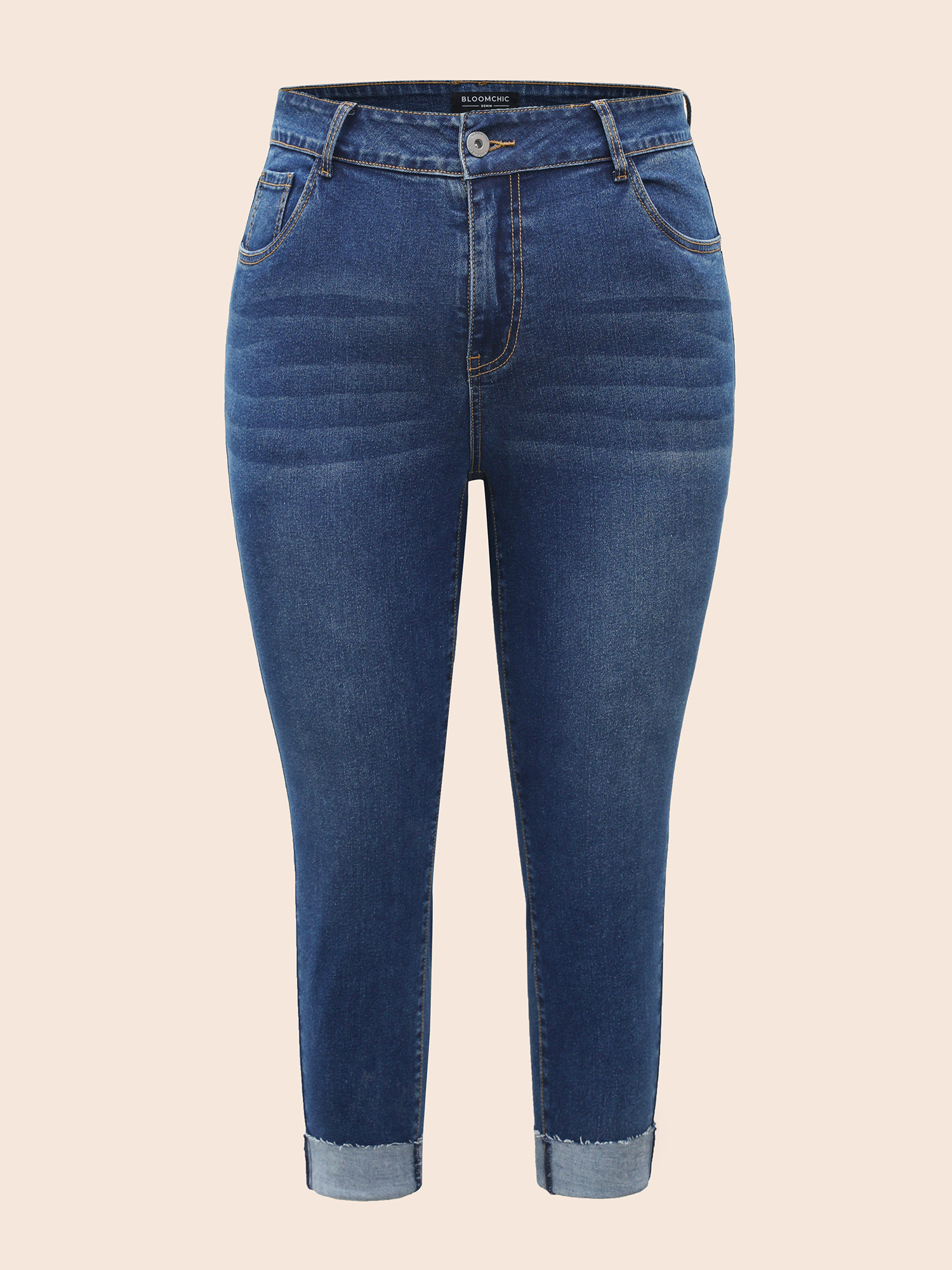 Plus Size Whiskered Rolled Hem Slim-Fit Jeans Women Bluevintage Casual Medium stretch Slanted pocket Jeans BloomChic 22/3X 