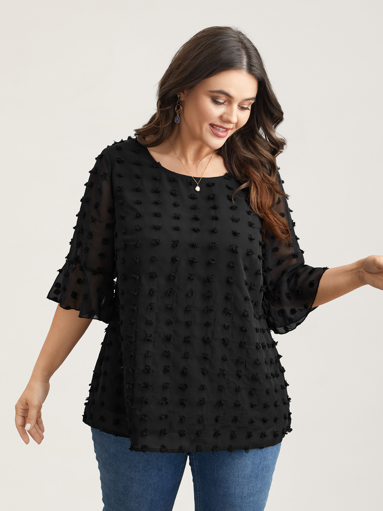 

Plus Size Black Chiffon Polka Dot Round Neck Shirt Women Elegant Half Sleeve Round Neck Everyday Blouses BloomChic