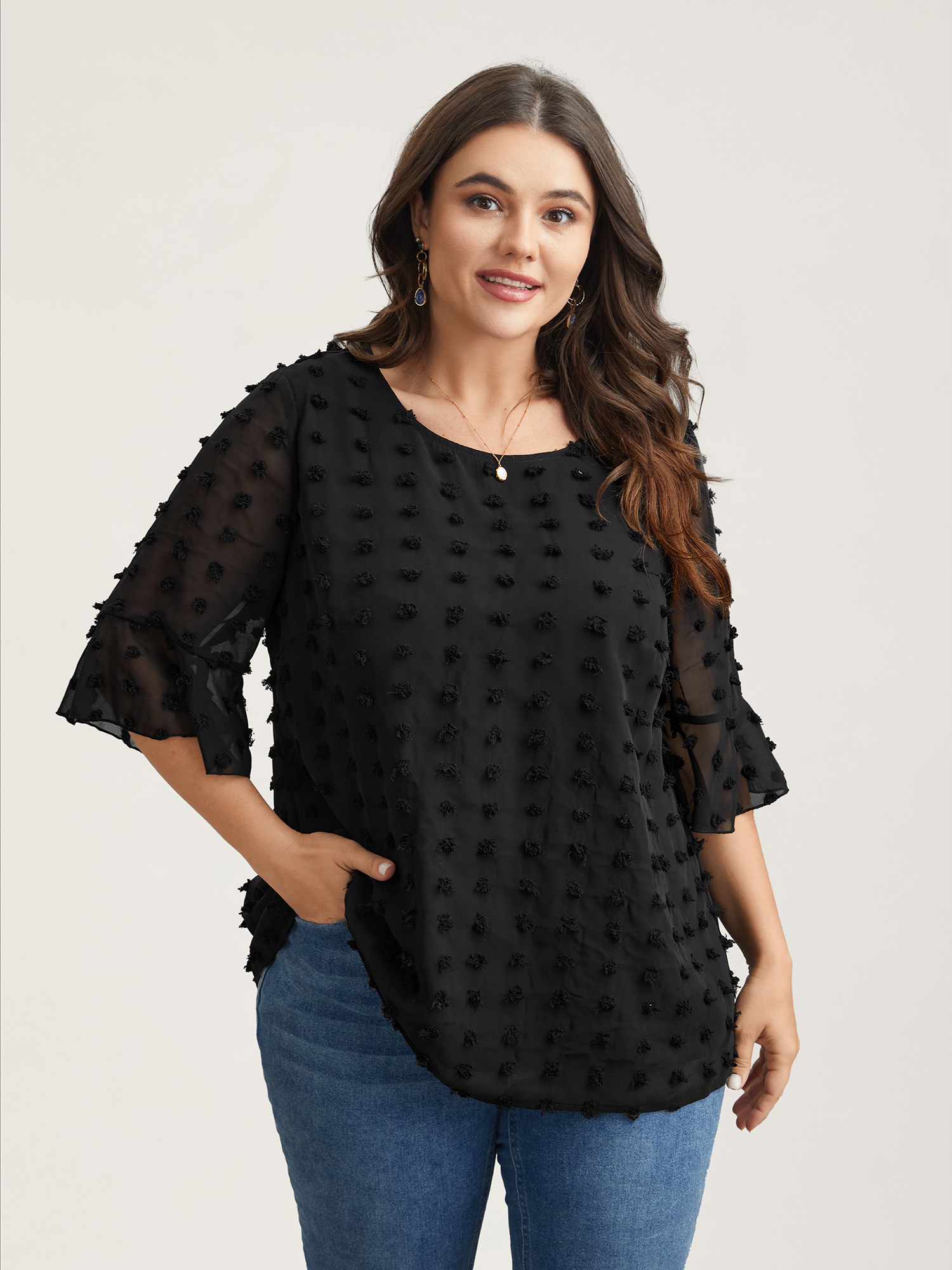 Plus Size Black Chiffon Polka Dot Round Neck Shirt Women Elegant Half Sleeve Round Neck Everyday Blouses BloomChic 14-16/1X 