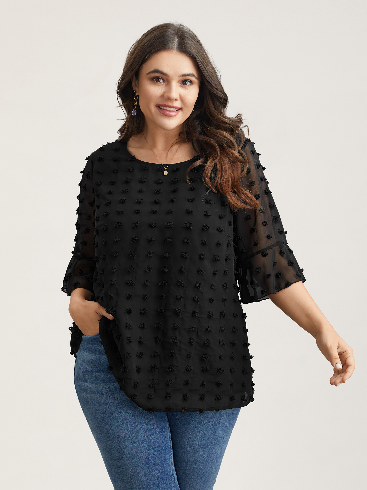Plus Size Black Chiffon Polka Dot Round Neck Shirt Women Elegant Half Sleeve Round Neck Everyday Blouses BloomChic 14-16/1X 