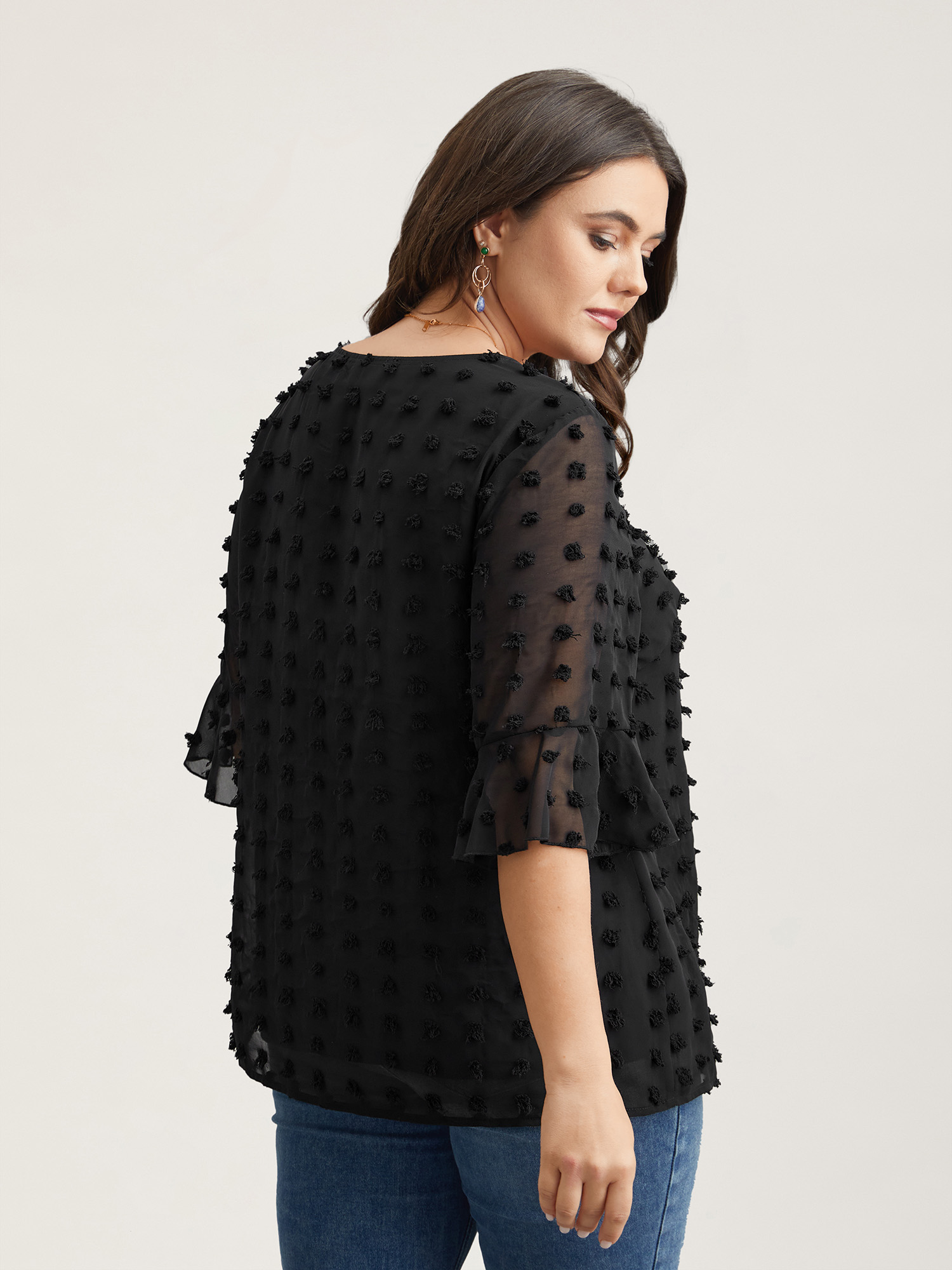 

Plus Size Black Chiffon Polka Dot Round Neck Shirt Women Elegant Half Sleeve Round Neck Everyday Blouses BloomChic