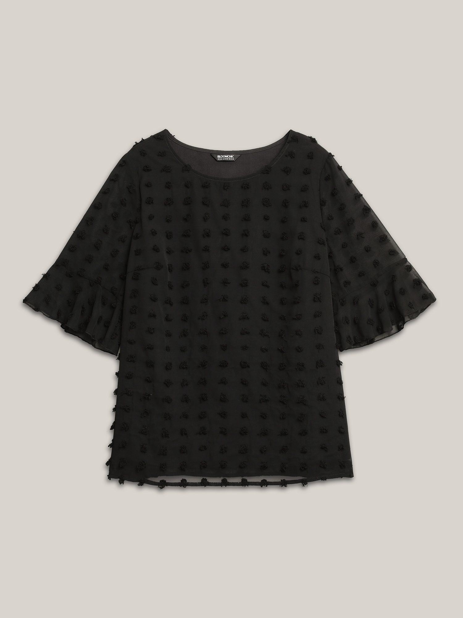 Plus Size Black Chiffon Polka Dot Round Neck Shirt Women Elegant Half Sleeve Round Neck Everyday Blouses BloomChic 14-16/1X 