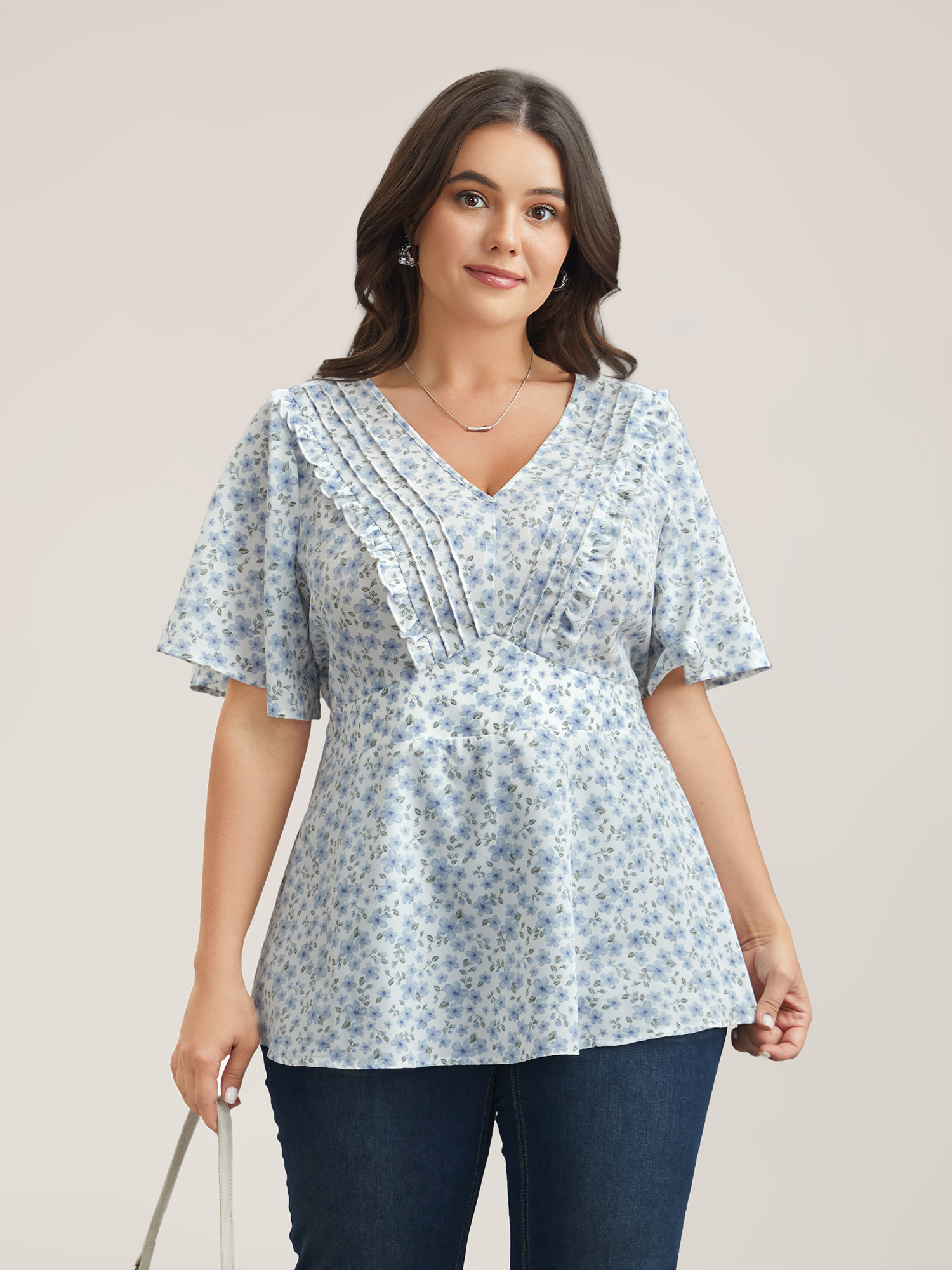 

Plus Size LightBlue Floral Ruffled Pintucks Flared Sleeve Shirt Women Elegant Short sleeve V-neck Everyday Blouses BloomChic