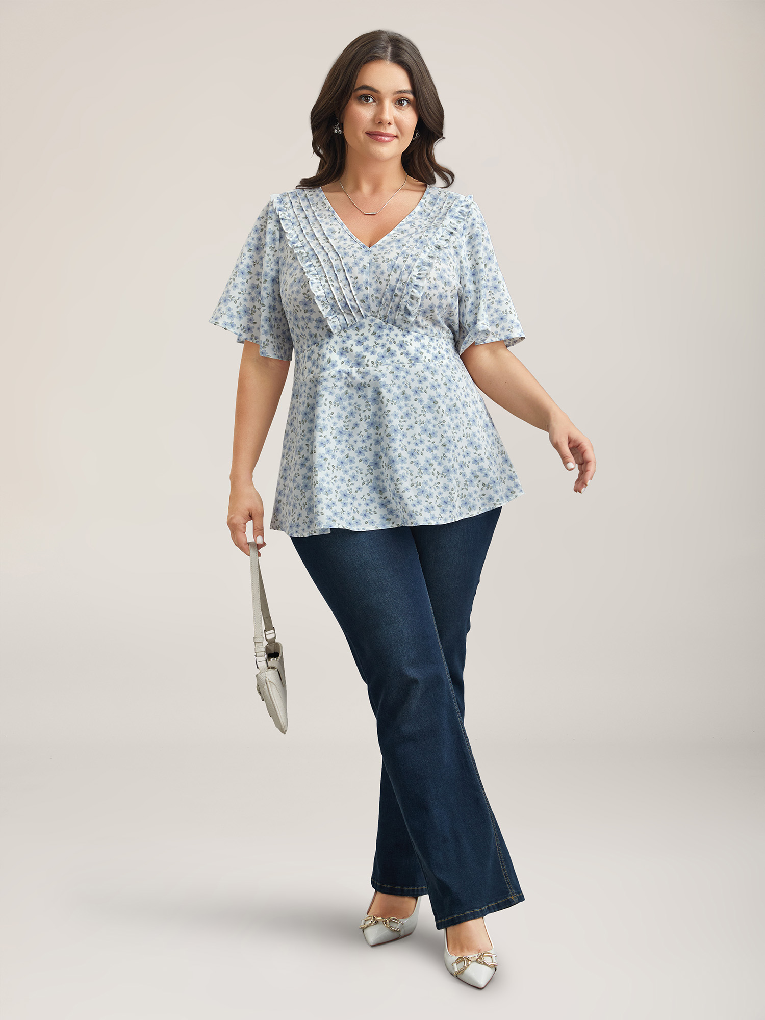 

Plus Size LightBlue Floral Ruffled Pintucks Flared Sleeve Shirt Women Elegant Short sleeve V-neck Everyday Blouses BloomChic