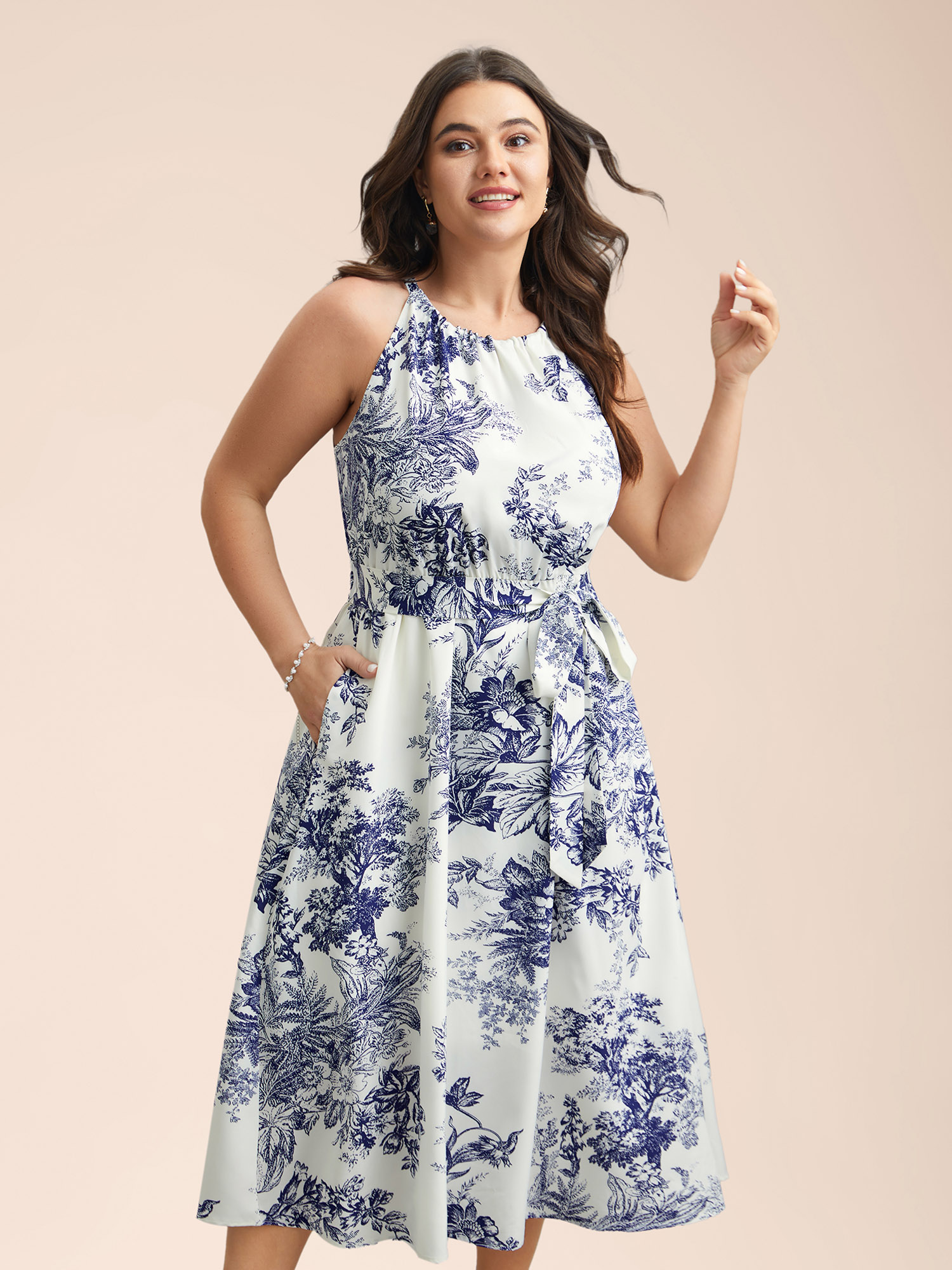 

Plus Size Spring Time Florals Sleeveless Midi Dress WhiteSmoke Women Elegant Gathered Halter neck Sleeveless Curvy BloomChic