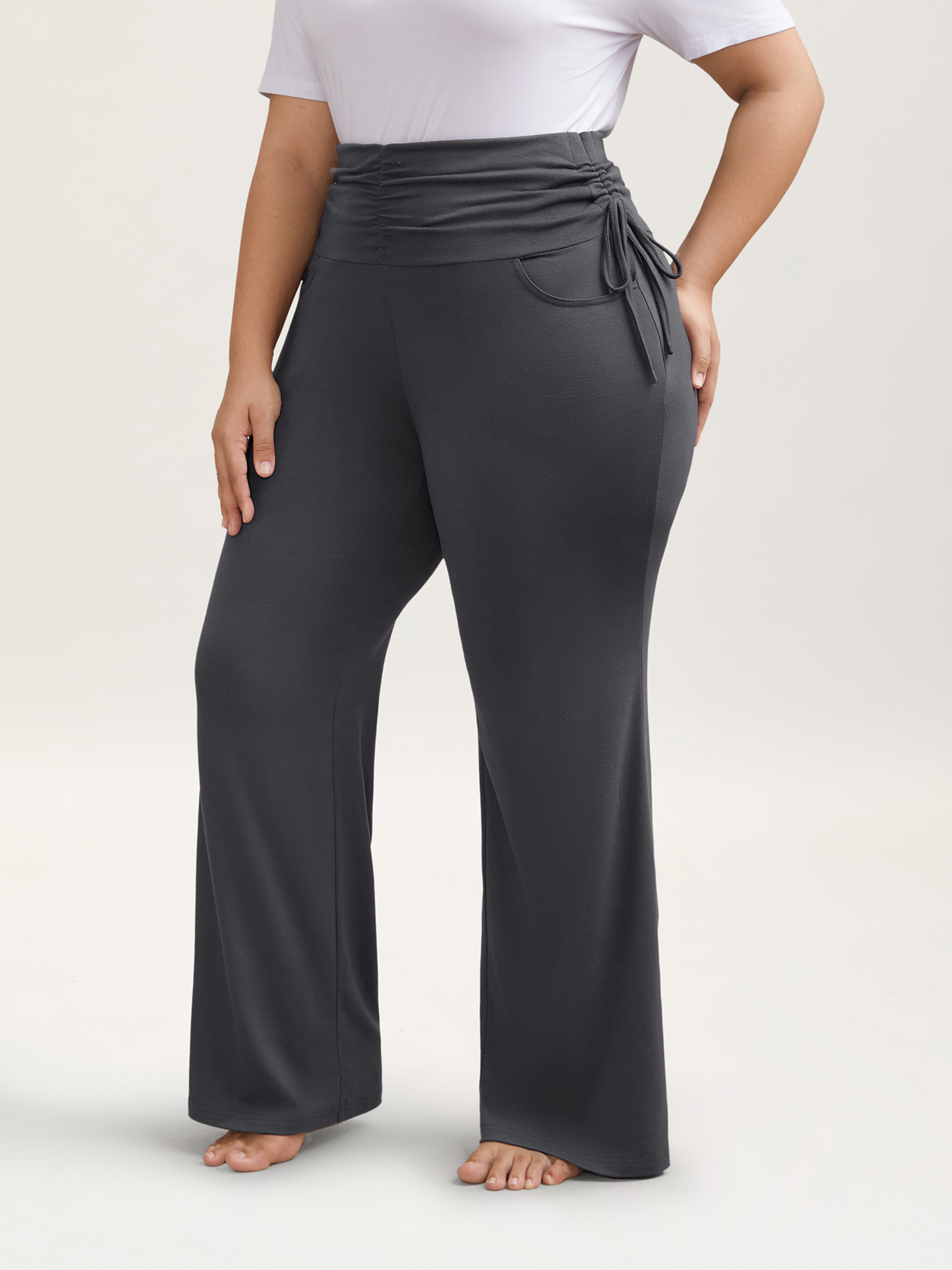 

Plus Size Ruched Drawstring Midi-Waist Tight Pants Women DimGray Elegant High stretch Bootcut Mid Rise Everyday Leggings BloomChic