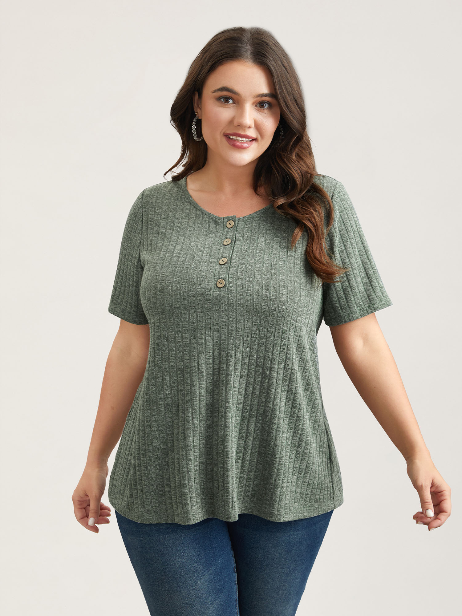 

Plus Size Stretchy Textured Button Half Sleeve T-Shirt Sage Women Elegant Texture Round Neck Everyday T-shirts BloomChic