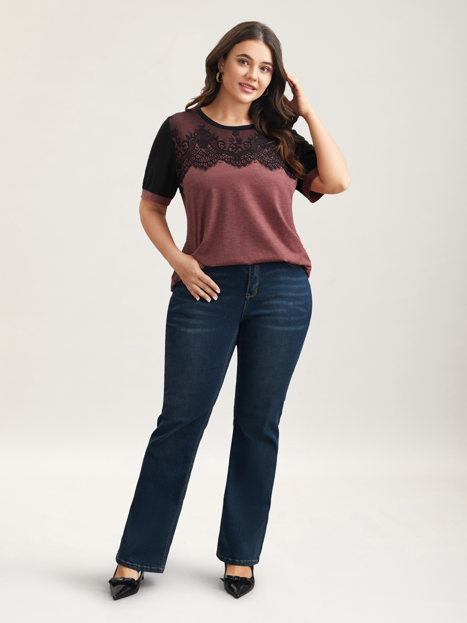 Plus Size Stretchy Scalloped Lace Color Contrast T-Shirt Russet Women Elegant Contrast Round Neck Everyday T-shirts BloomChic 10/M 