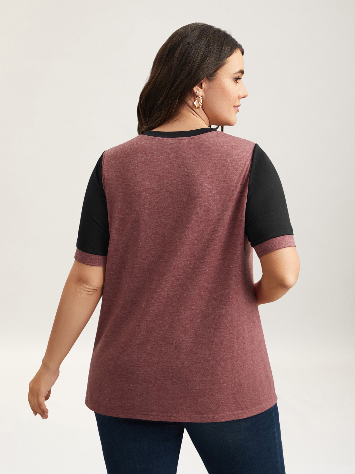 Plus Size Stretchy Scalloped Lace Color Contrast T-Shirt Russet Women Elegant Contrast Round Neck Everyday T-shirts BloomChic 10/M 