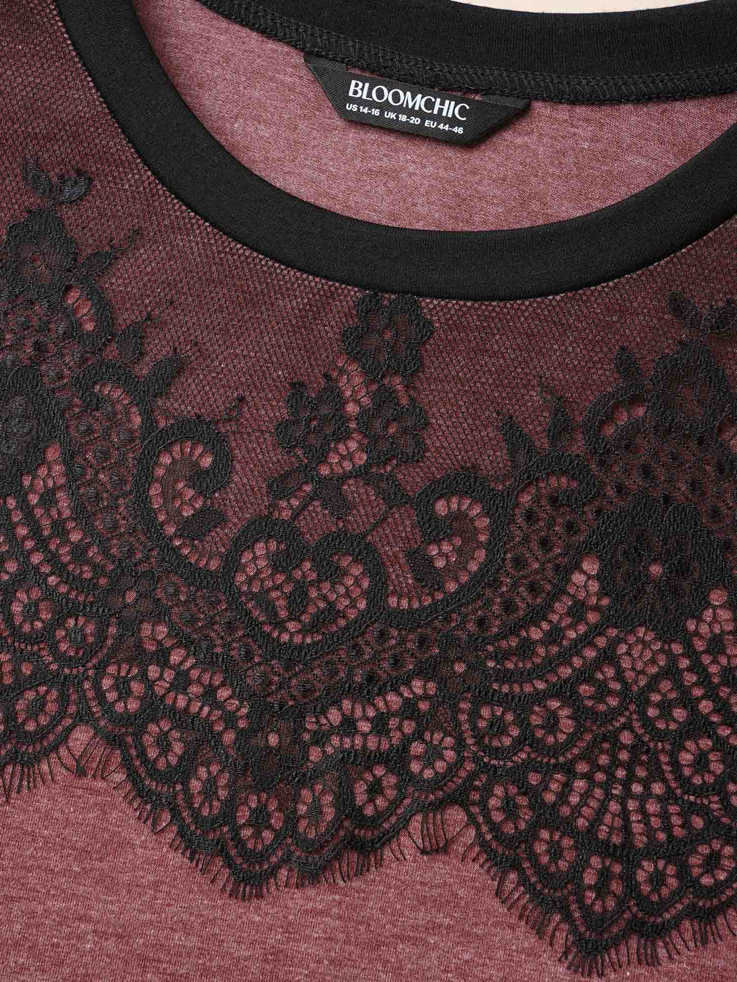 Plus Size Stretchy Scalloped Lace Color Contrast T-Shirt Russet Women Elegant Contrast Round Neck Everyday T-shirts BloomChic 10/M 