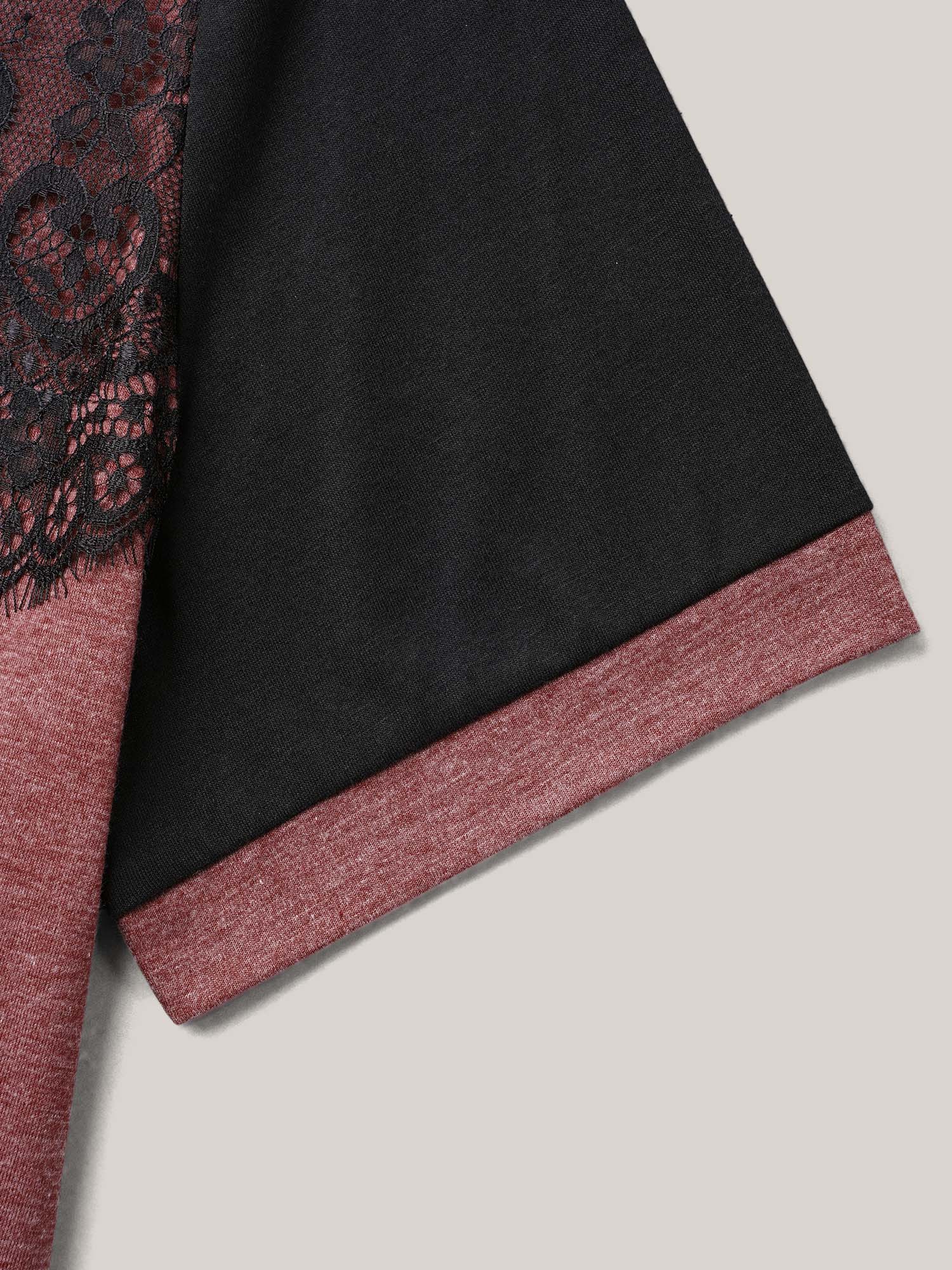 Plus Size Stretchy Scalloped Lace Color Contrast T-Shirt Russet Women Elegant Contrast Round Neck Everyday T-shirts BloomChic 10/M 