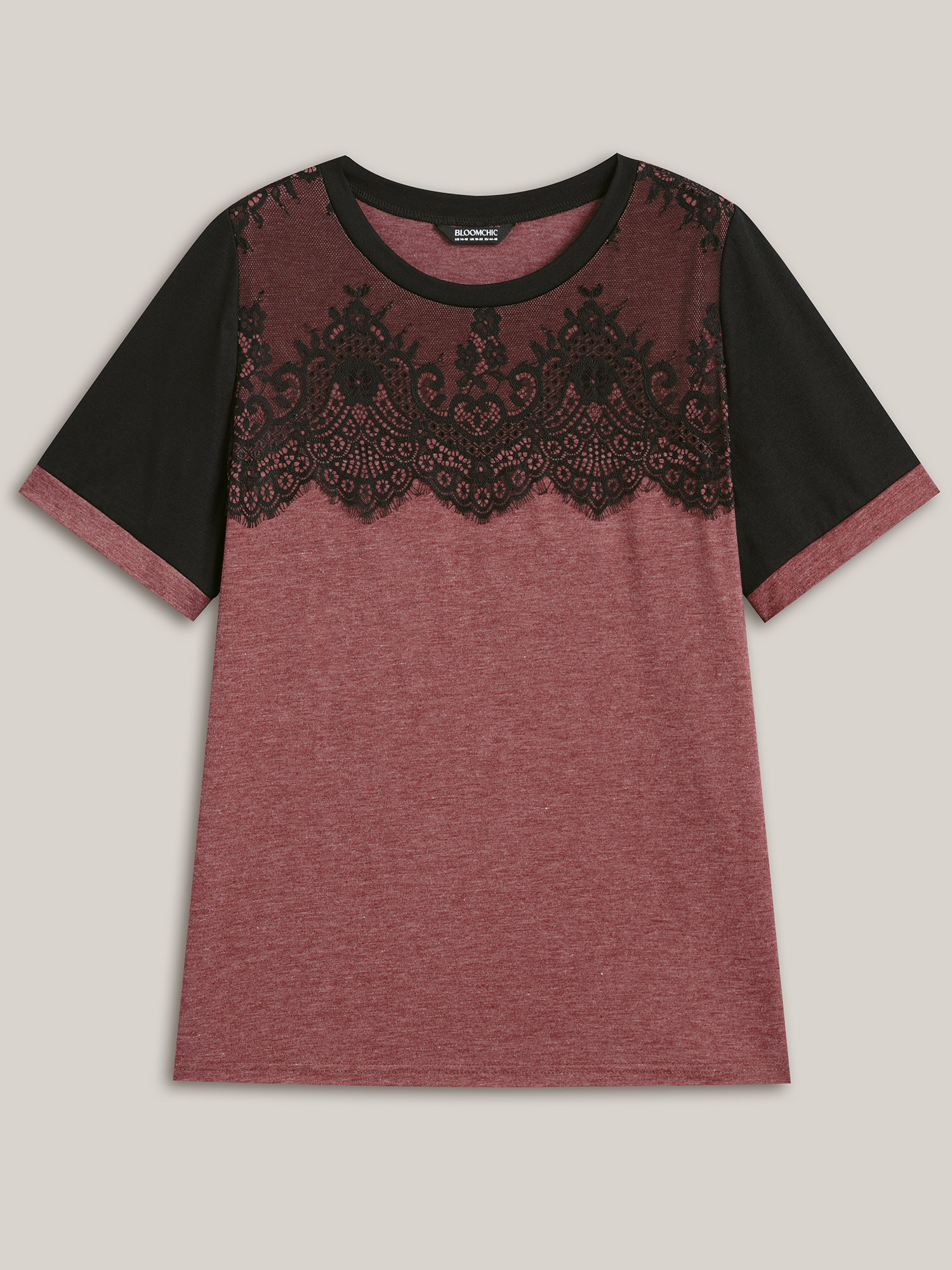 Plus Size Stretchy Scalloped Lace Color Contrast T-Shirt Russet Women Elegant Contrast Round Neck Everyday T-shirts BloomChic 10/M 