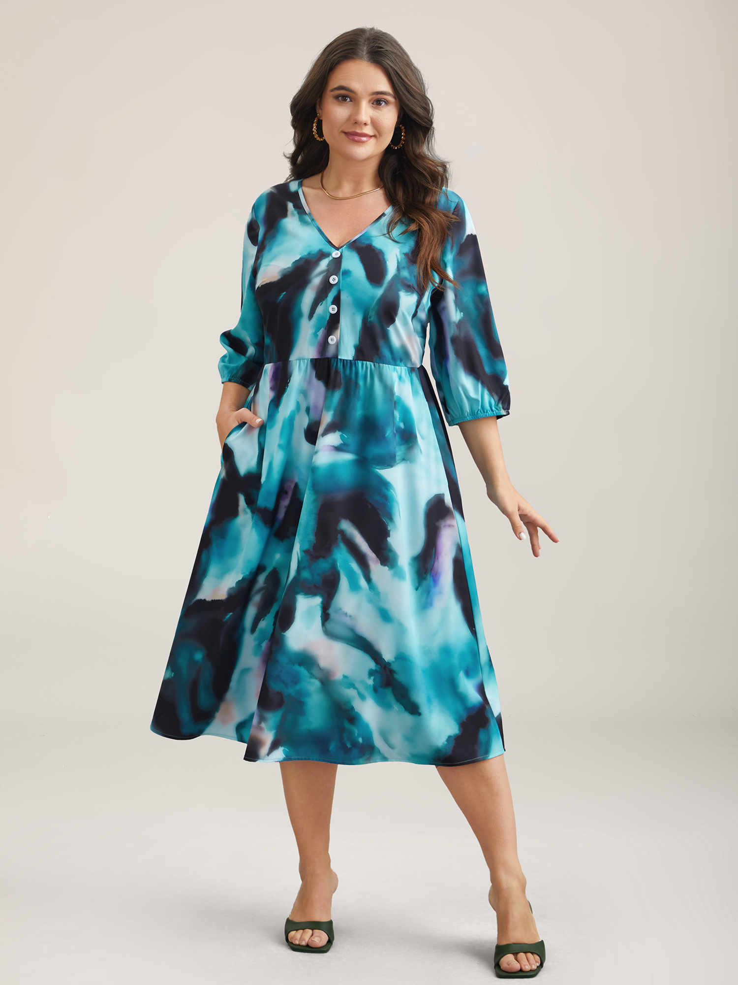 

Plus Size Tie-Dye Placket V-Neck Midi Dress Arctic Women Elegant Button V-neck Elbow-length sleeve Curvy BloomChic