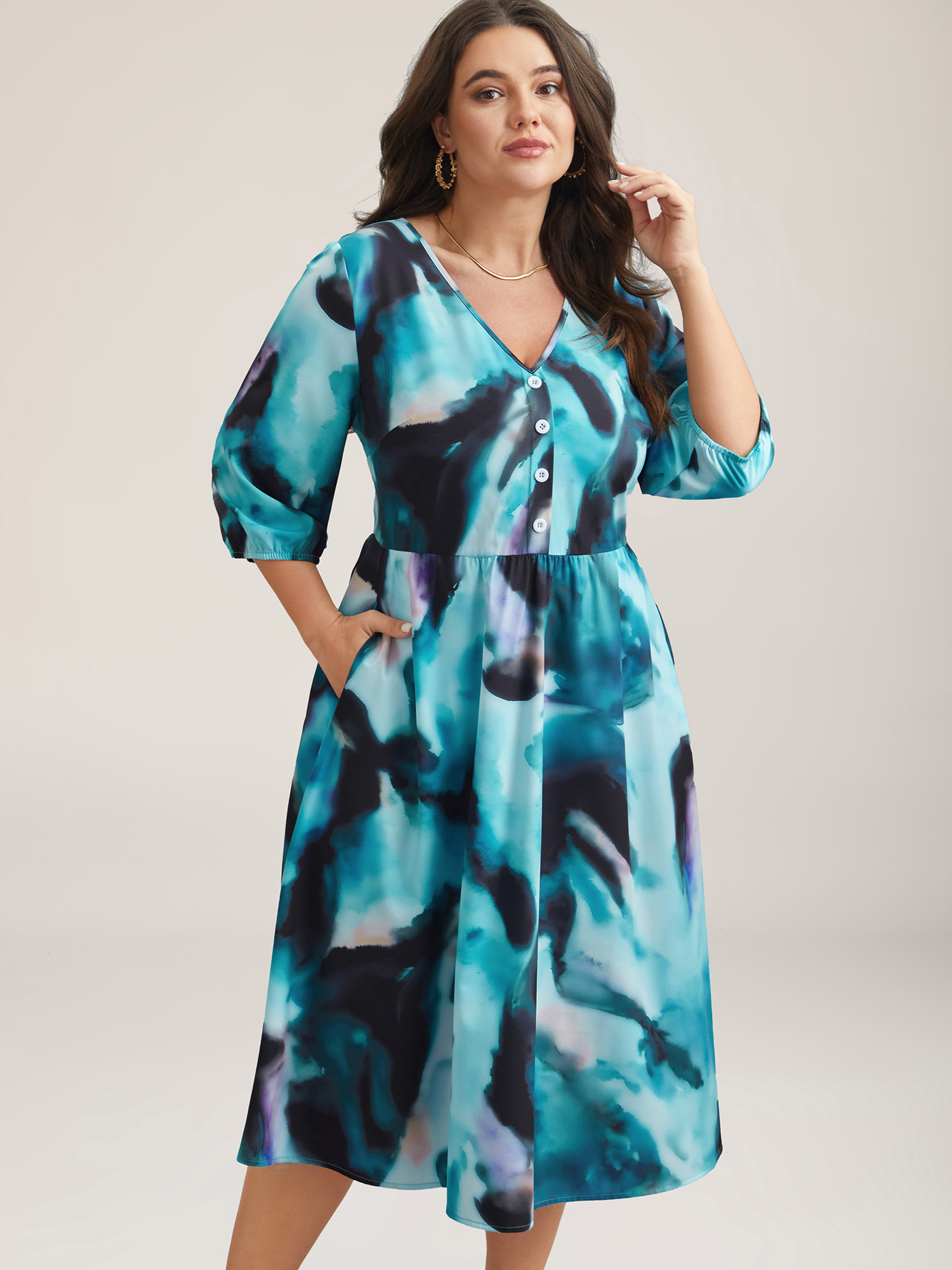 Plus Size Tie-Dye Placket V-Neck Midi Dress Arctic Women Elegant Button V-neck Elbow-length sleeve Curvy BloomChic 28/5X 