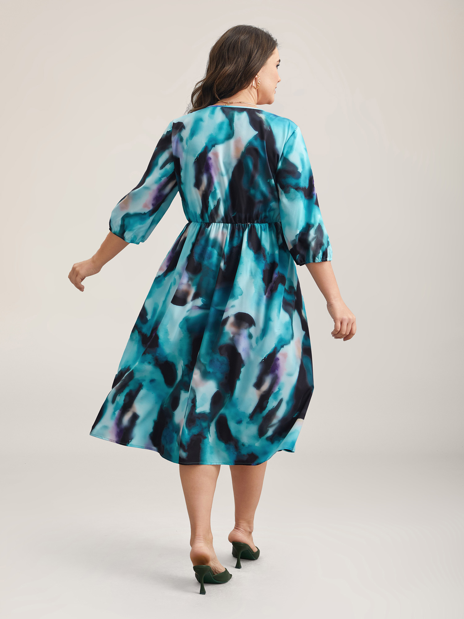 Plus Size Tie-Dye Placket V-Neck Midi Dress Arctic Women Elegant Button V-neck Elbow-length sleeve Curvy BloomChic 28/5X 