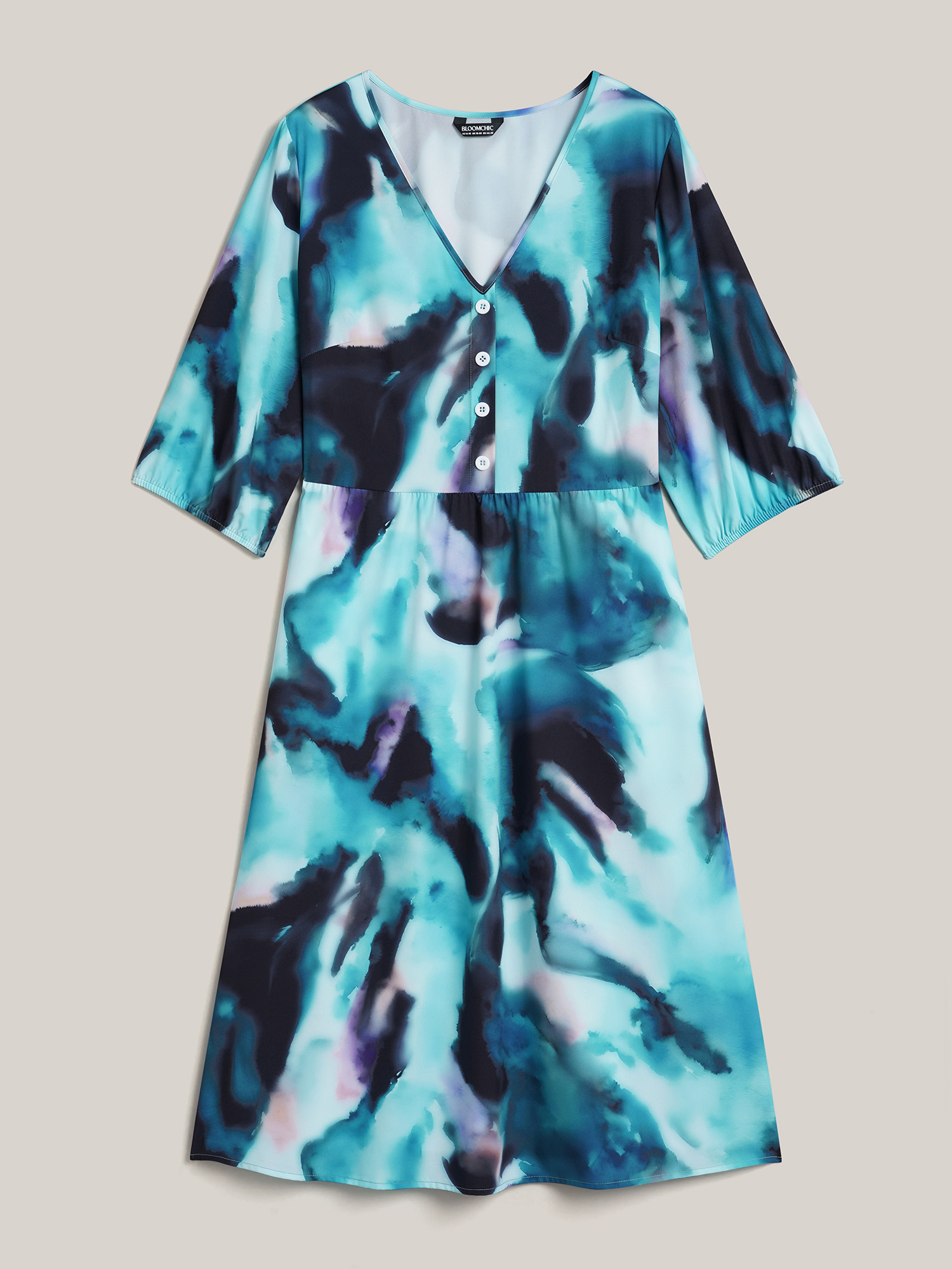 Plus Size Tie-Dye Placket V-Neck Midi Dress Arctic Women Elegant Button V-neck Elbow-length sleeve Curvy BloomChic 28/5X 