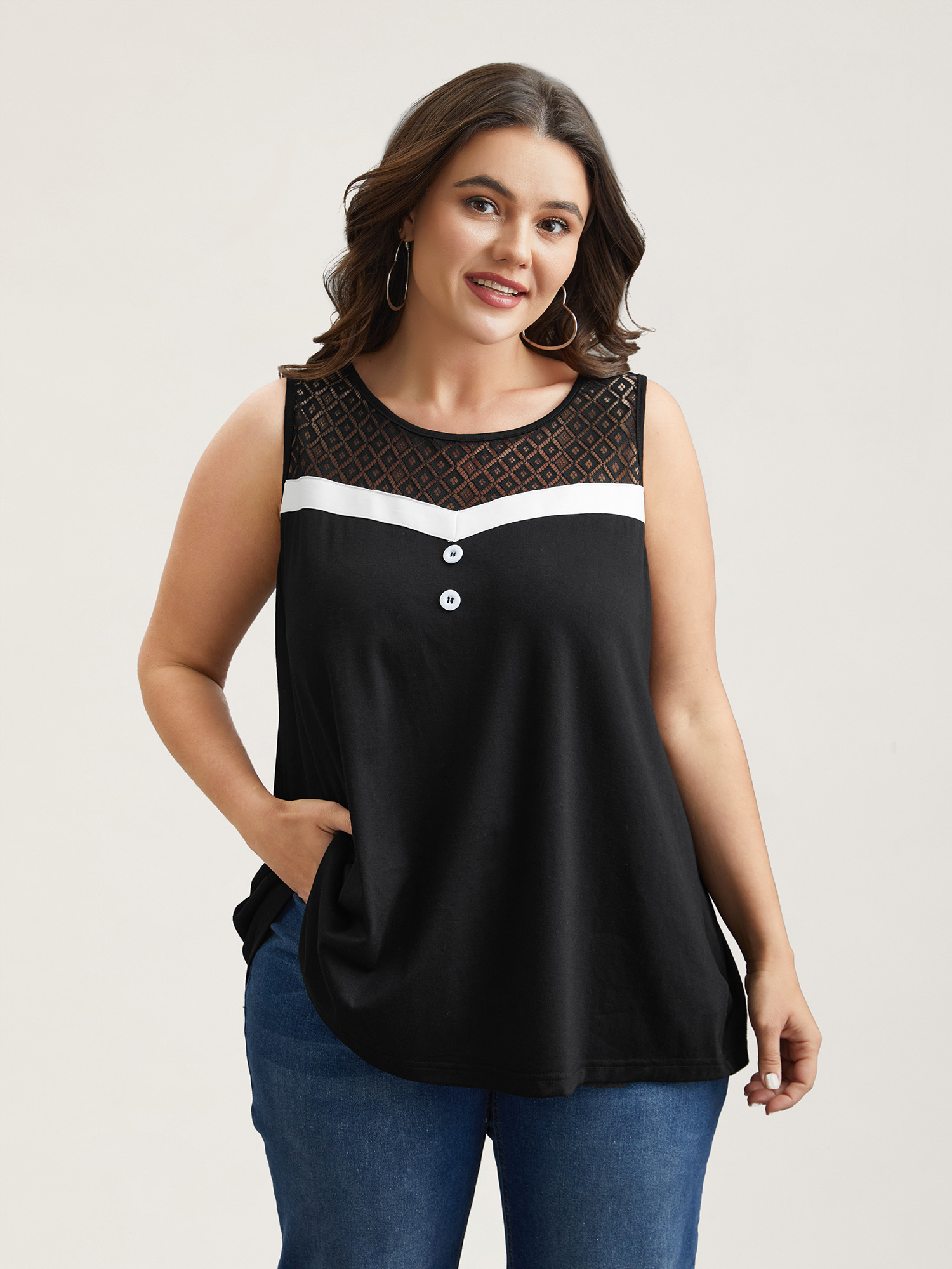 

Plus Size Sheer Lace Color Contrast Button Vest Women Black Casual See through Round Neck Everyday Tank Tops Camis BloomChic