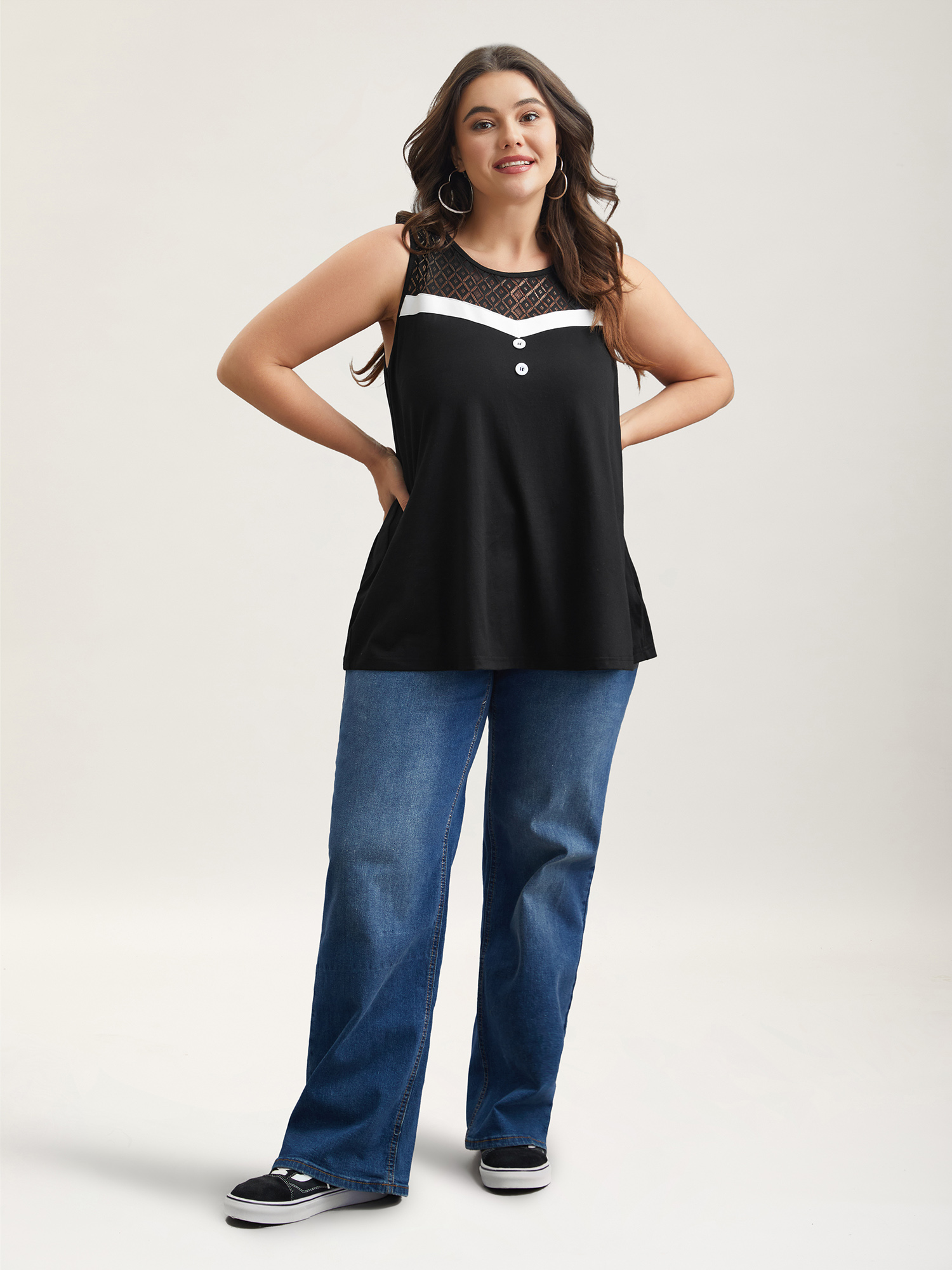 Plus Size Sheer Lace Color Contrast Button Vest Women Black Casual See through Round Neck Everyday Tank Tops Camis BloomChic 10/M 
