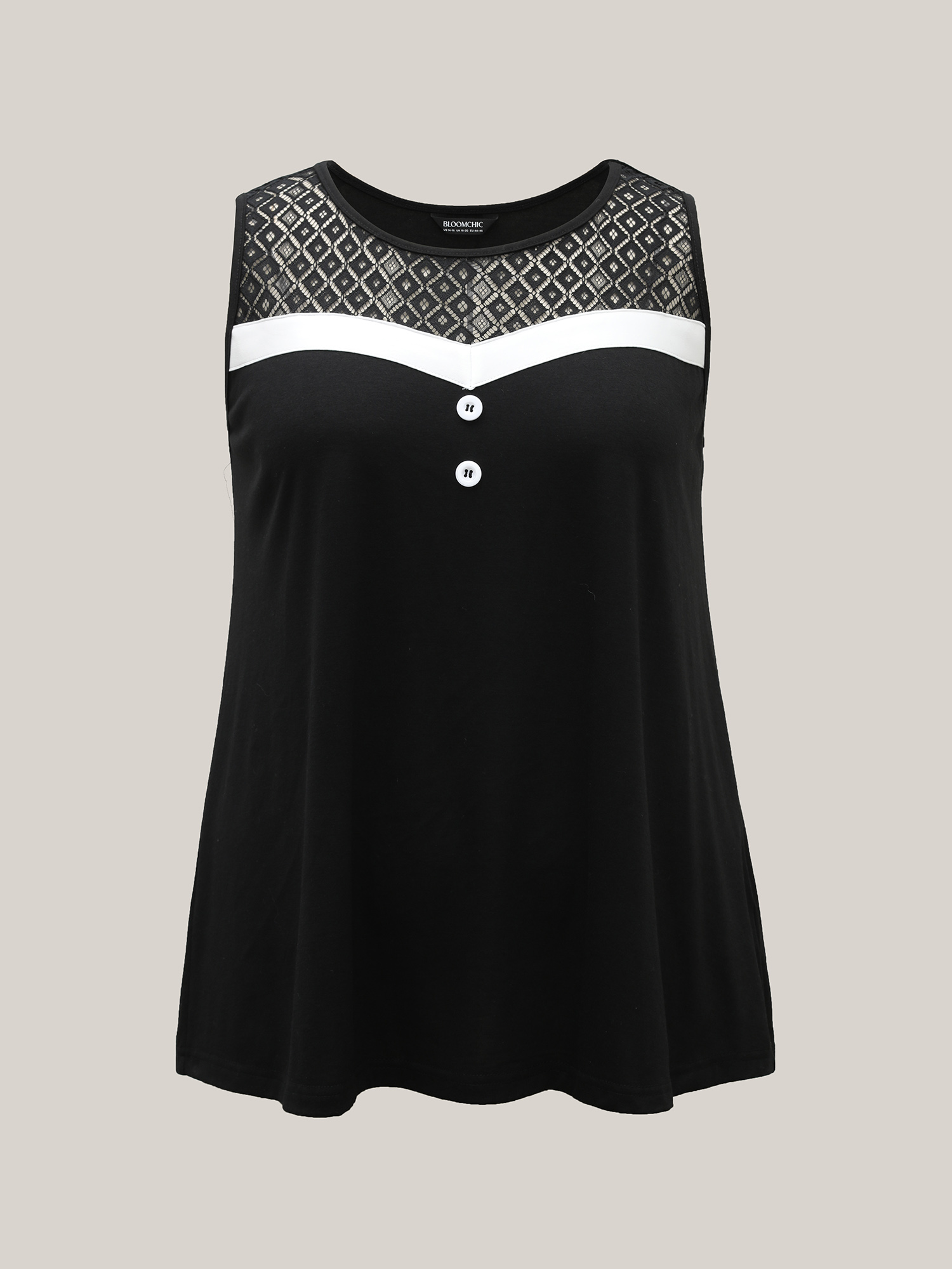 Plus Size Sheer Lace Color Contrast Button Vest Women Black Casual See through Round Neck Everyday Tank Tops Camis BloomChic 10/M 