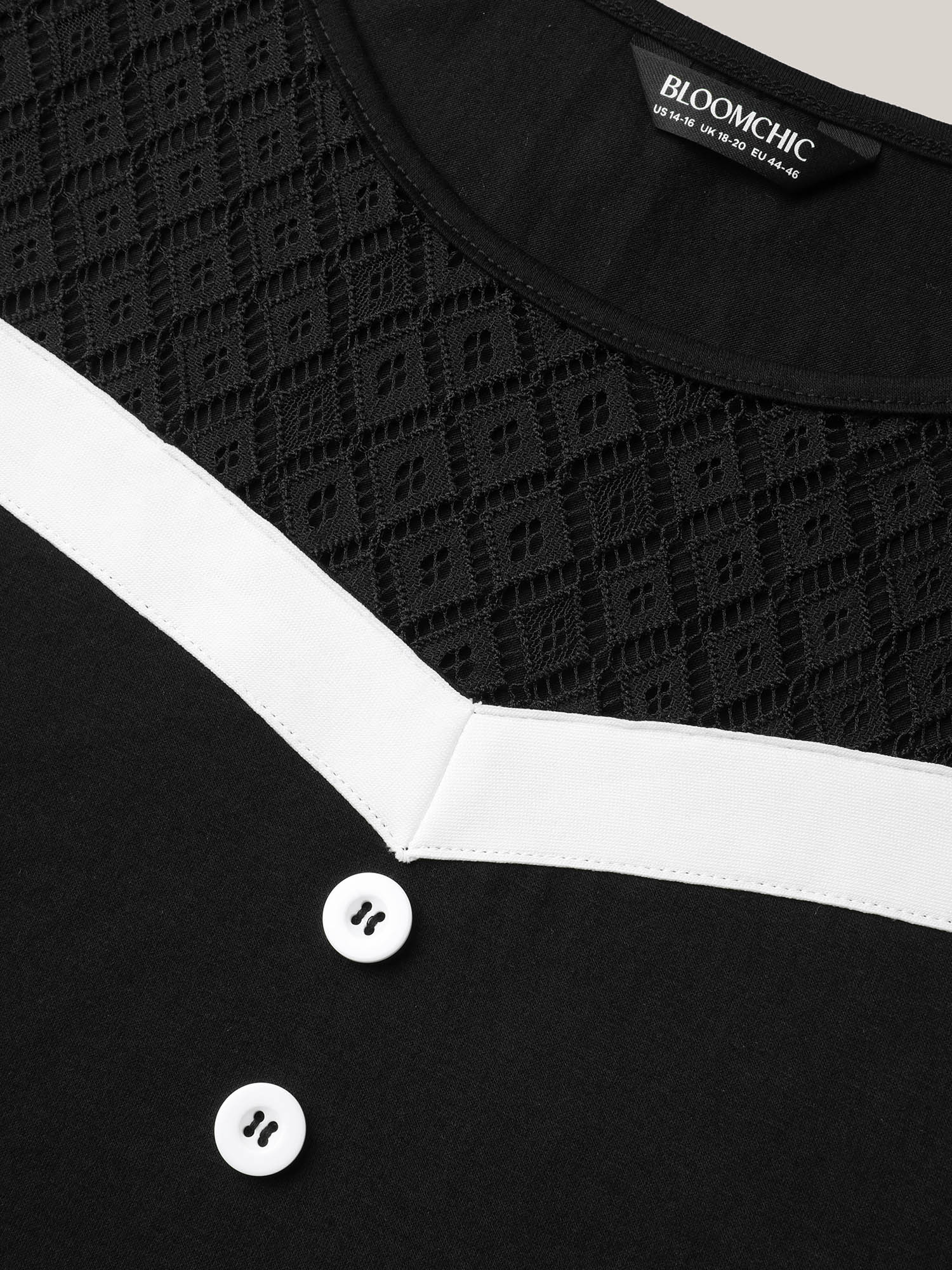 Plus Size Sheer Lace Color Contrast Button Vest Women Black Casual See through Round Neck Everyday Tank Tops Camis BloomChic 10/M 