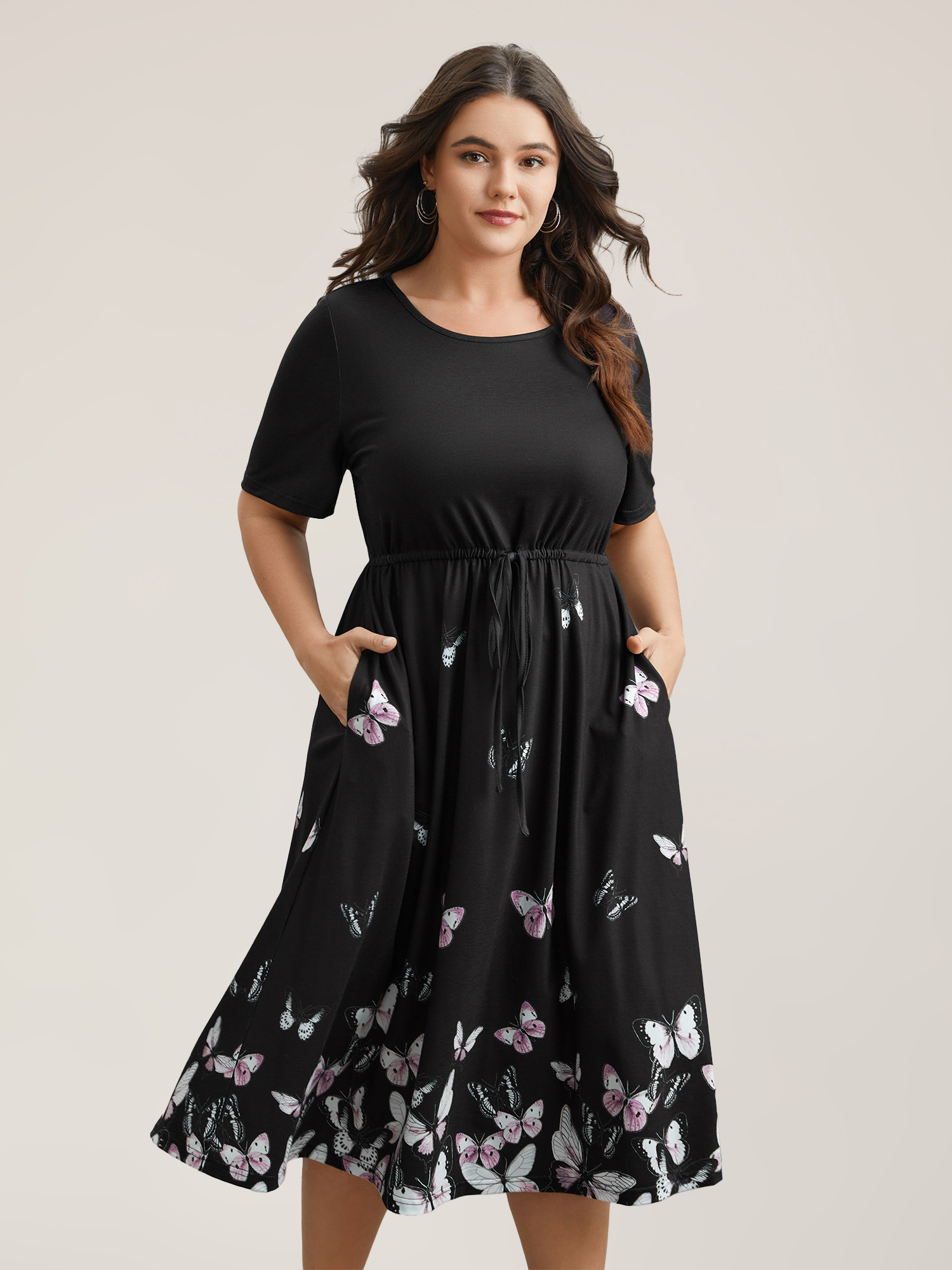 

Plus Size Butterfly Print Waist-Tie Midi Dress BlackFlower Women Casual Drawstring Knit Dresses Bloomchic