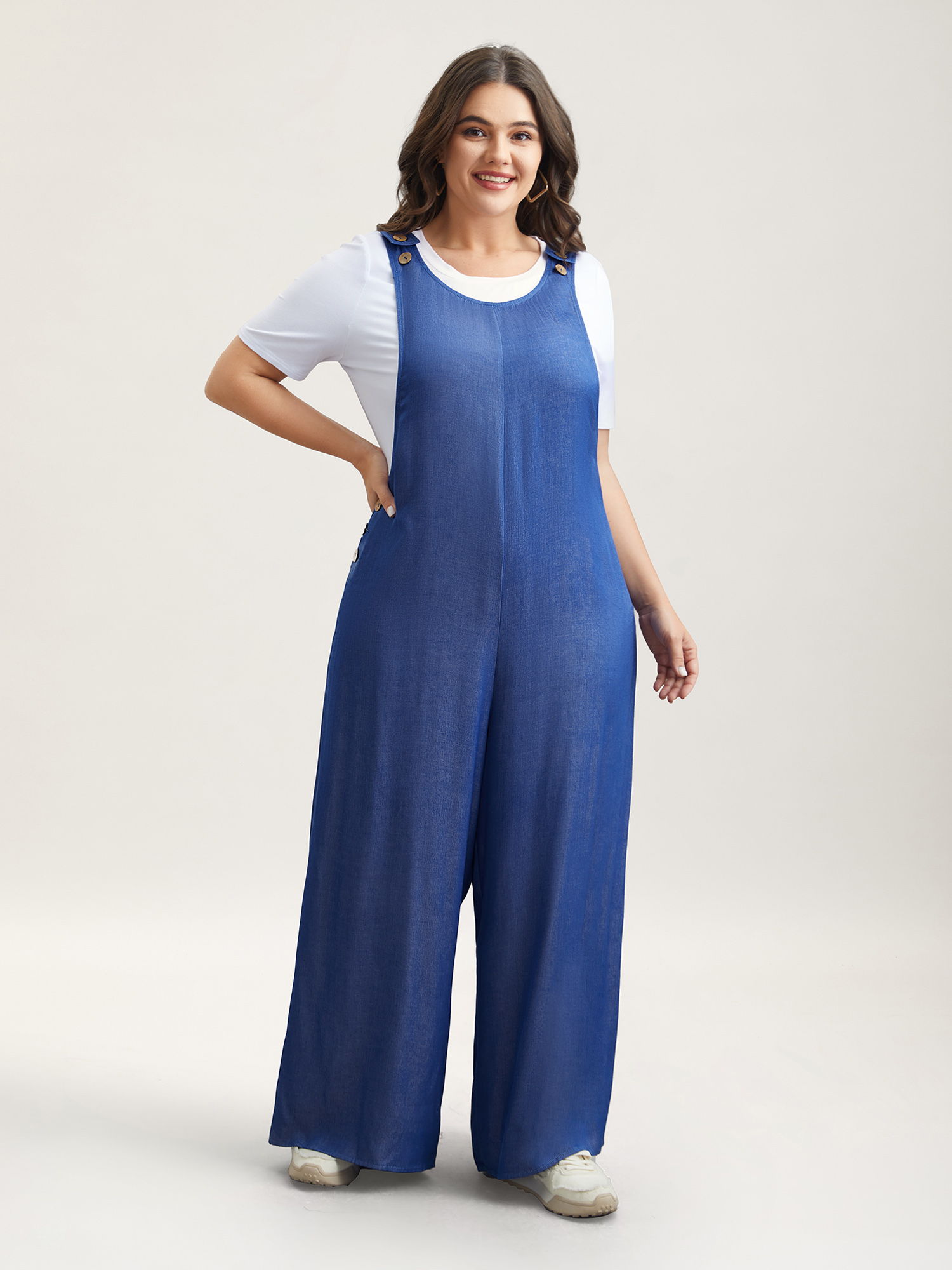 Plus Size Mediumblue Adjustable Straps Fake-Denim Jumpsuit Women Elegant Sleeveless U-neck Everyday Loose Jumpsuits BloomChic 18-20/2X 