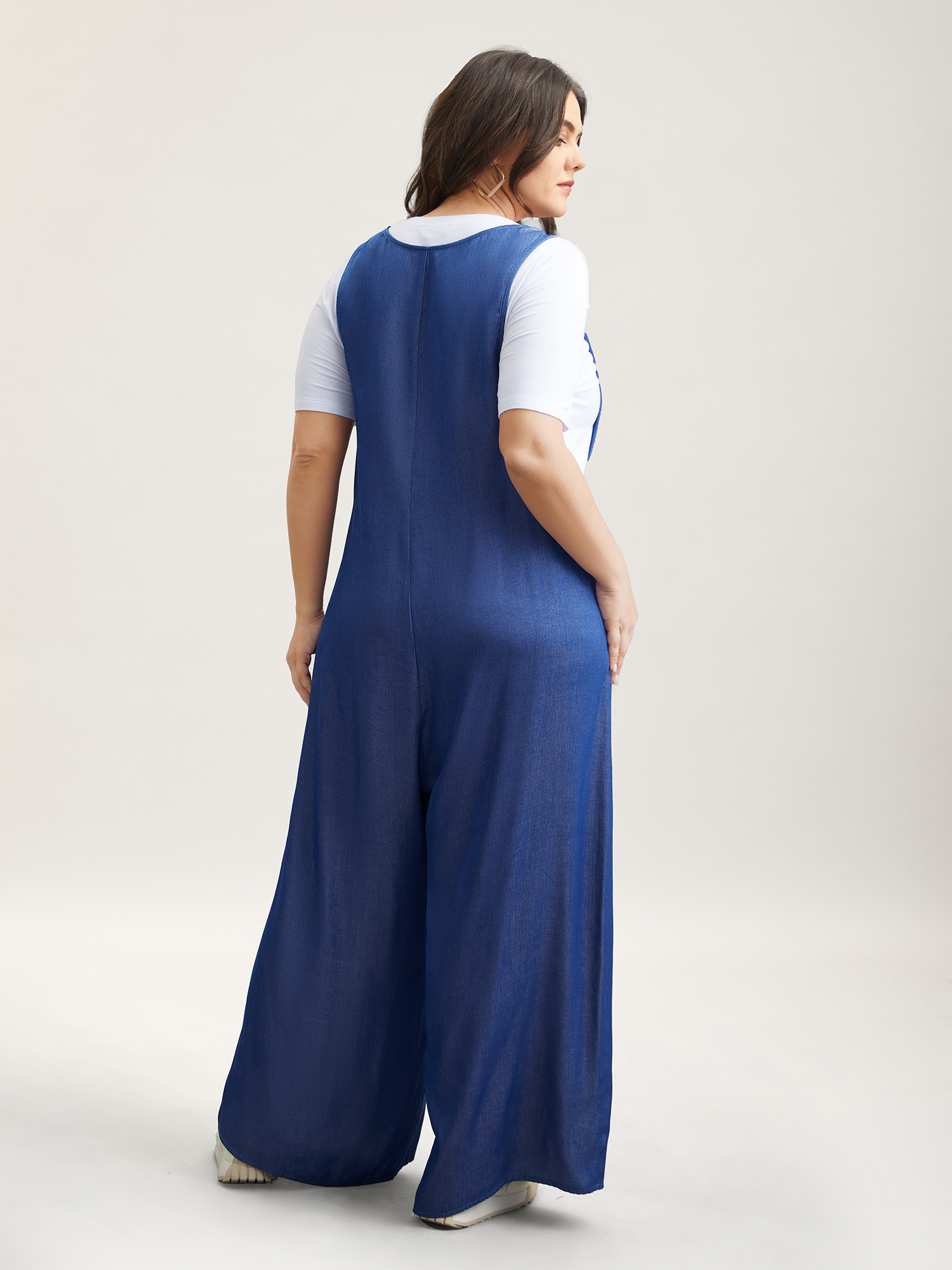 Plus Size Mediumblue Adjustable Straps Fake-Denim Jumpsuit Women Elegant Sleeveless U-neck Everyday Loose Jumpsuits BloomChic 18-20/2X 