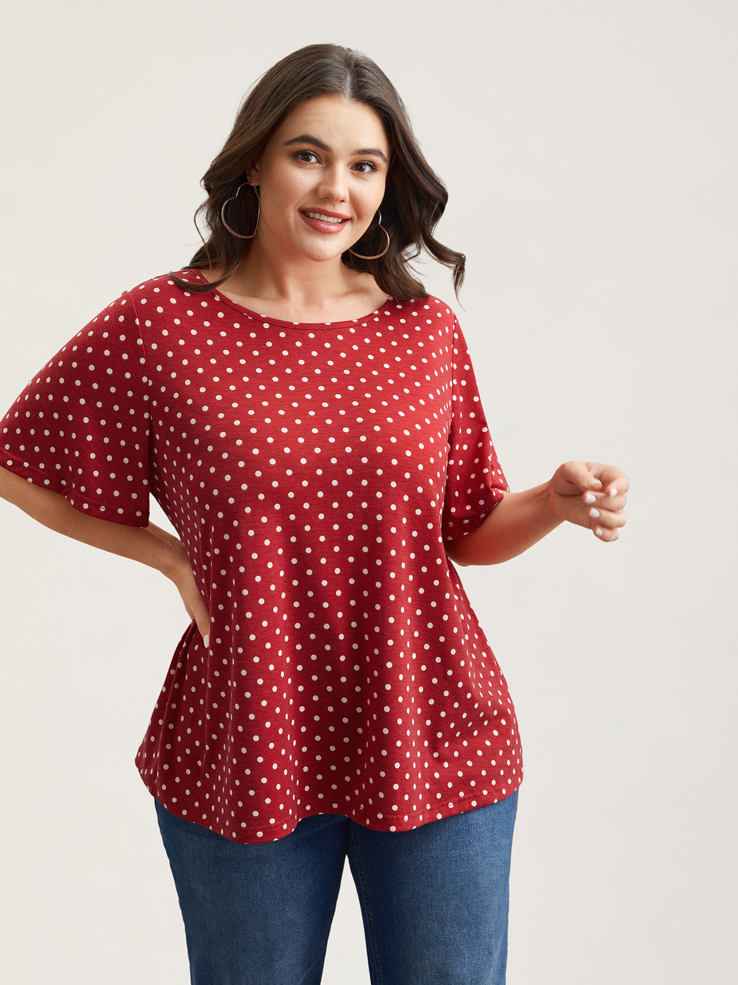 

Plus Size Polka Dot Back-Tie Flared Sleeve T-Shirt Raspberry Women Casual Gathered Round Neck Everyday T-shirts BloomChic