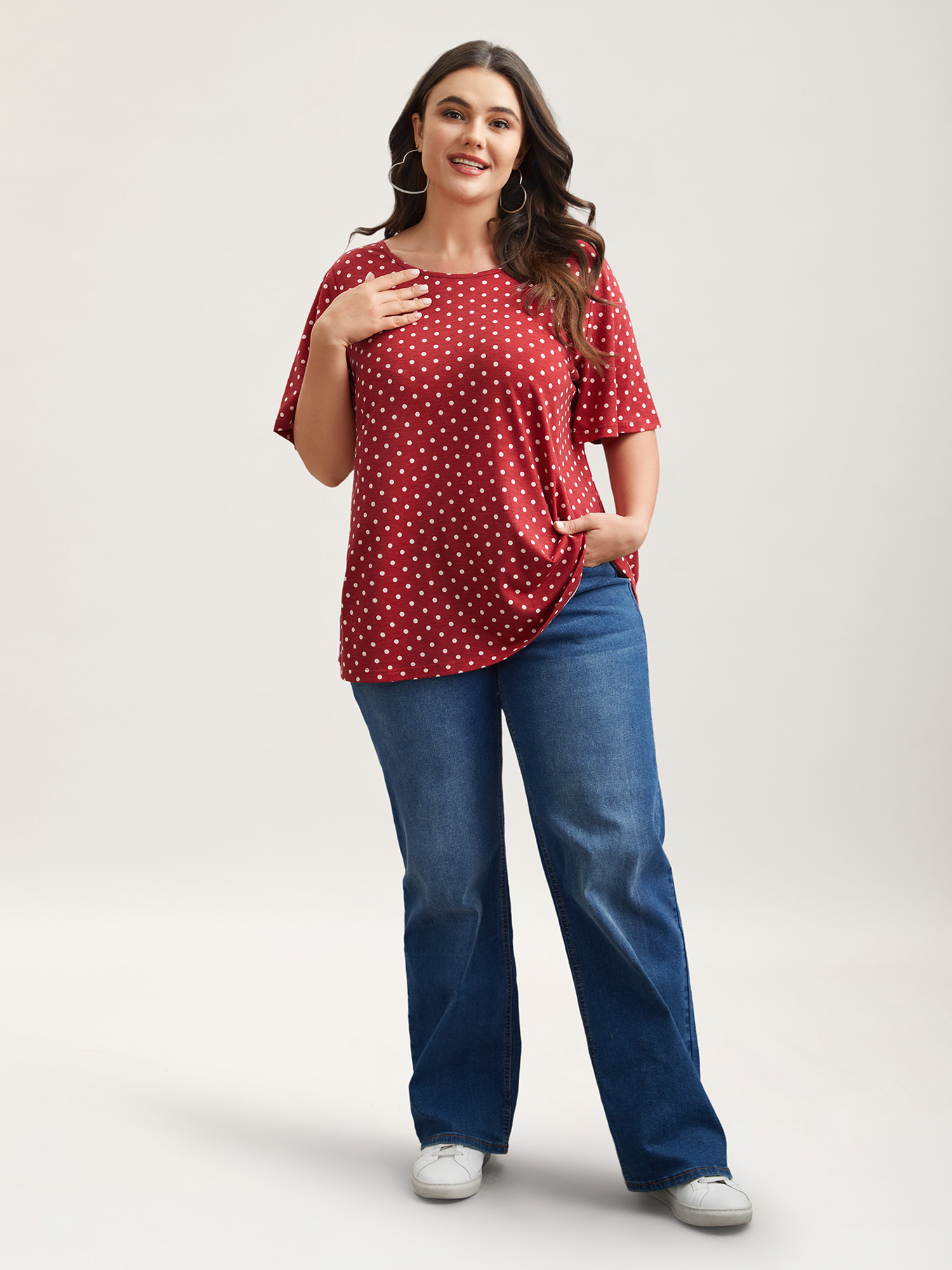 Plus Size Polka Dot Back-Tie Flared Sleeve T-Shirt Raspberry Women Casual Gathered Round Neck Everyday T-shirts BloomChic 28/5X 