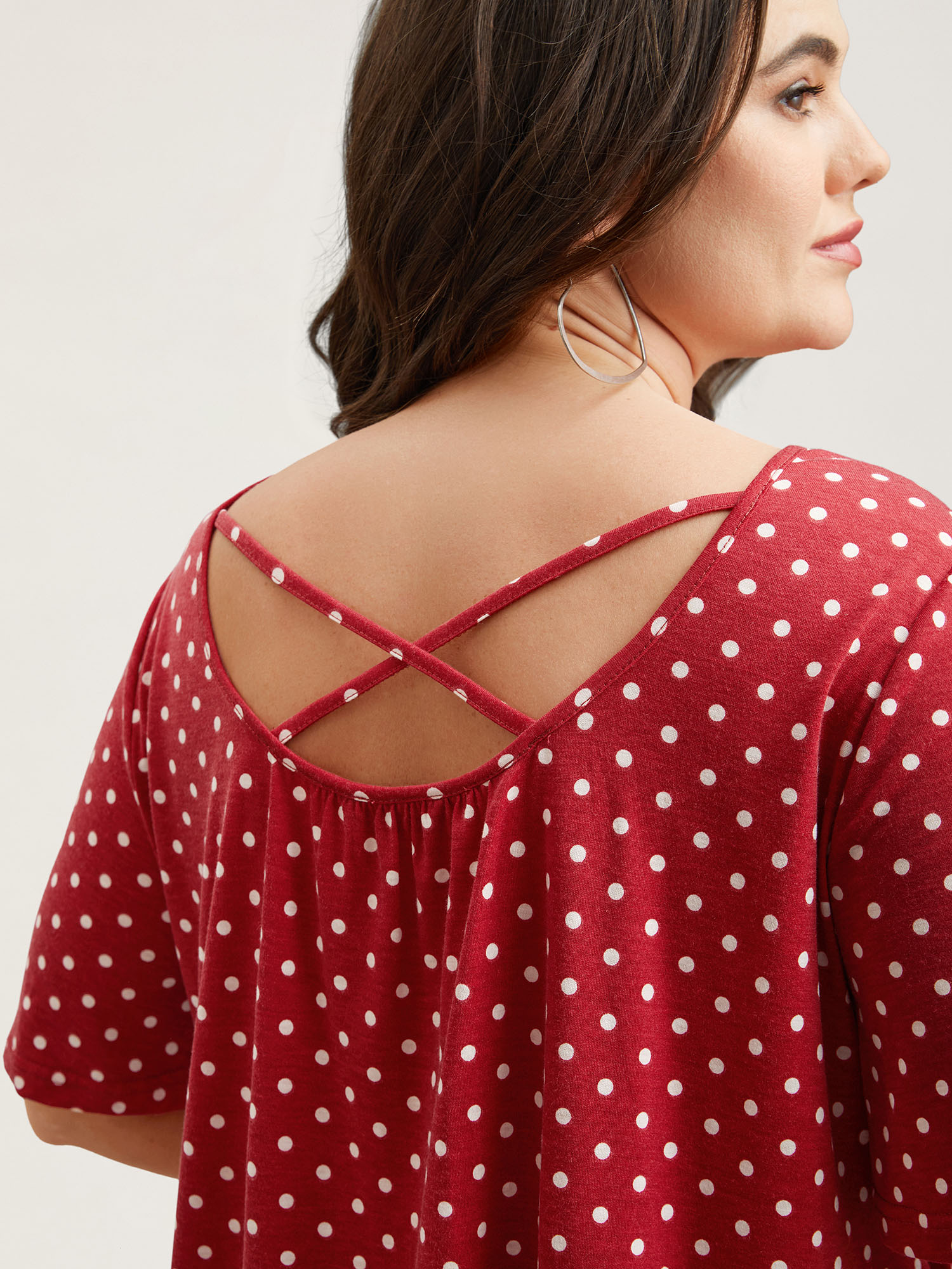 Plus Size Polka Dot Back-Tie Flared Sleeve T-Shirt Raspberry Women Casual Gathered Round Neck Everyday T-shirts BloomChic 28/5X 