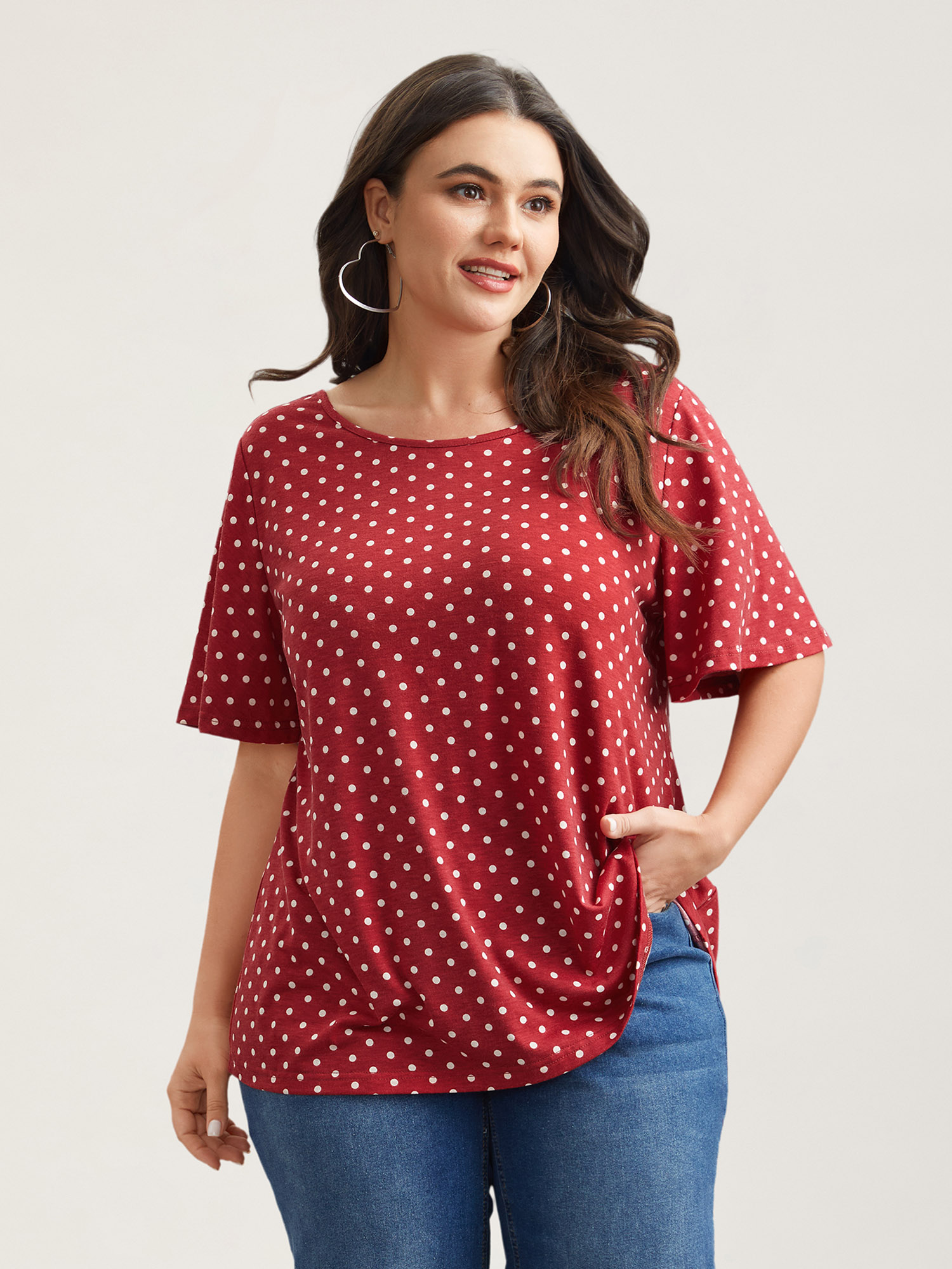 Plus Size Polka Dot Back-Tie Flared Sleeve T-Shirt Raspberry Women Casual Gathered Round Neck Everyday T-shirts BloomChic 28/5X 