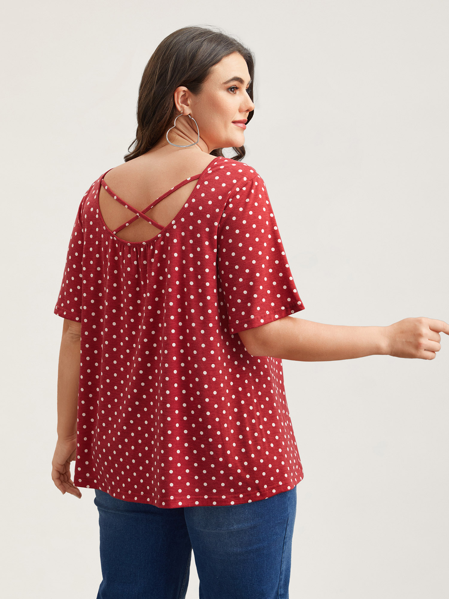 

Plus Size Polka Dot Back-Tie Flared Sleeve T-Shirt Raspberry Women Casual Gathered Round Neck Everyday T-shirts BloomChic