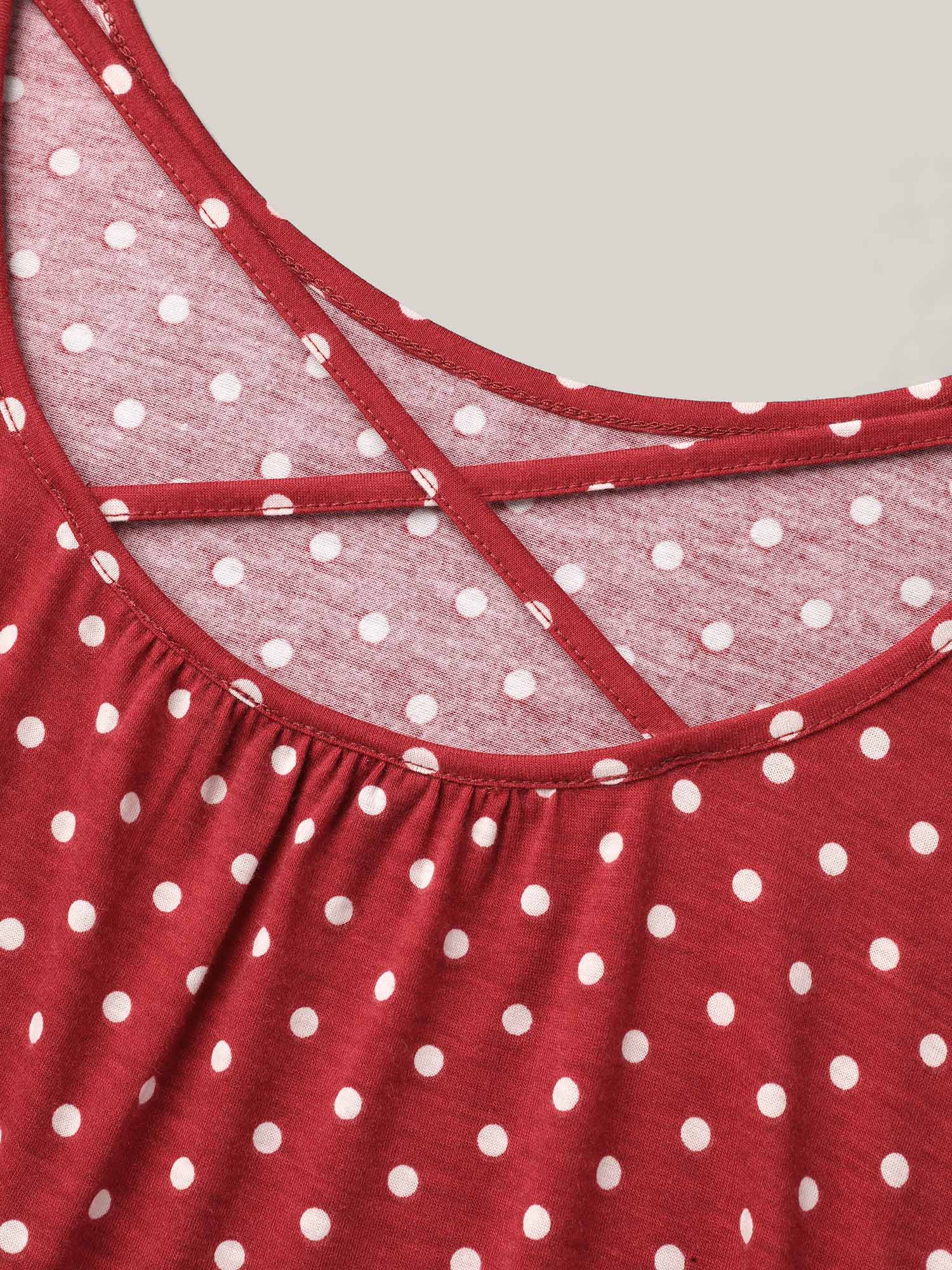 Plus Size Polka Dot Back-Tie Flared Sleeve T-Shirt Raspberry Women Casual Gathered Round Neck Everyday T-shirts BloomChic 28/5X 